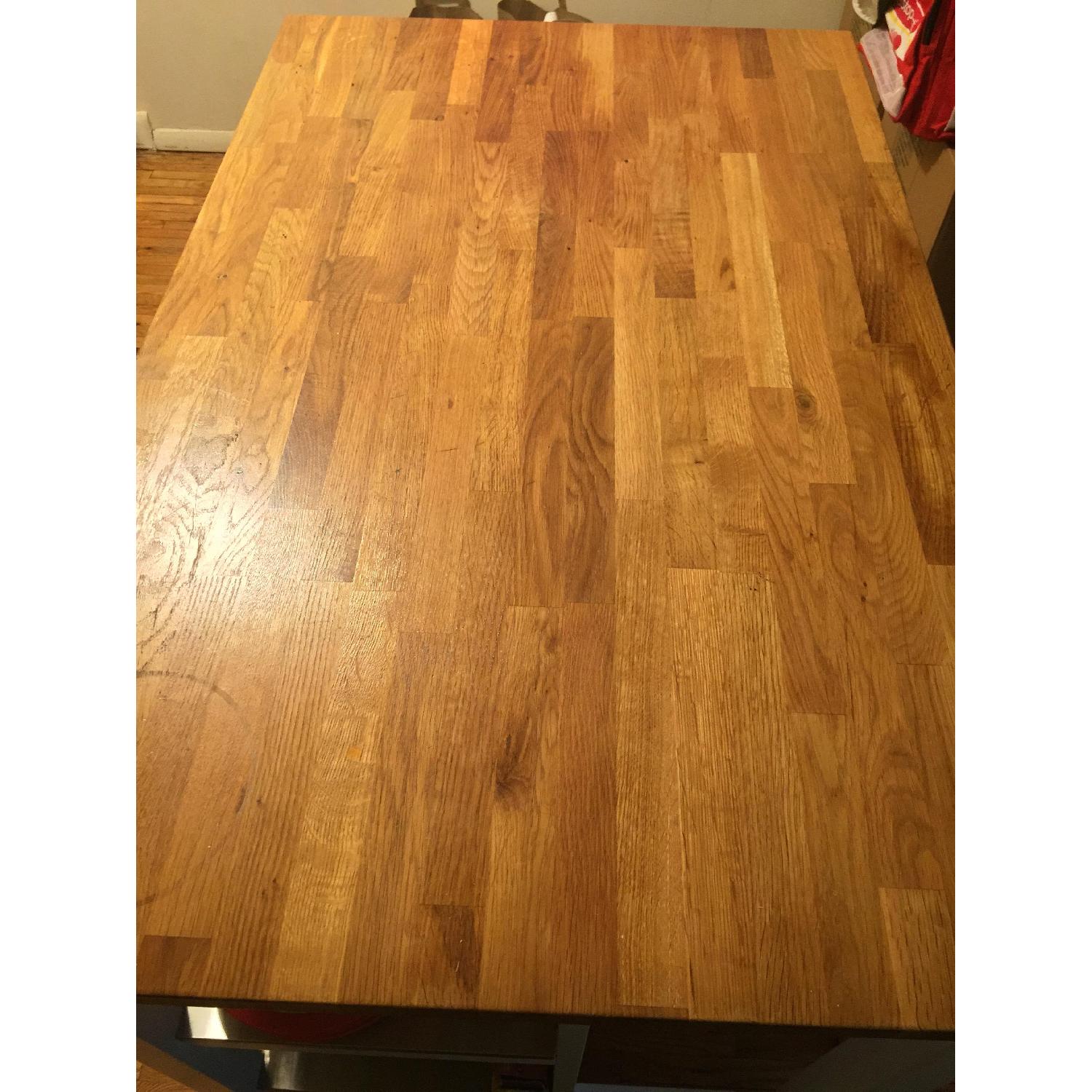 Ikea Stenstorp White Oak Kitchen Island w/ 2 Red Backless Metal Bar Stools - image-3