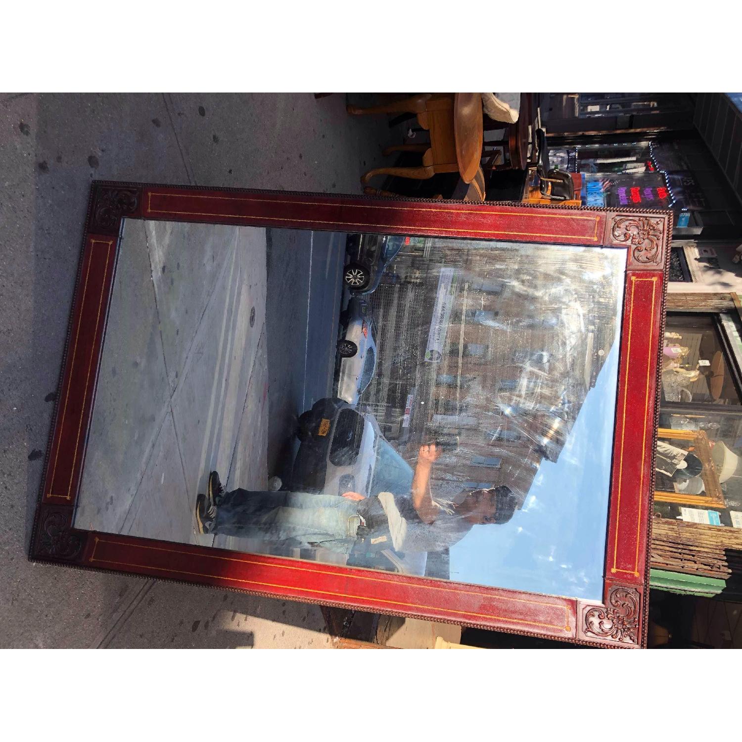 Antique 1930s Wood & Leather Framed Wall Mirror - image-1