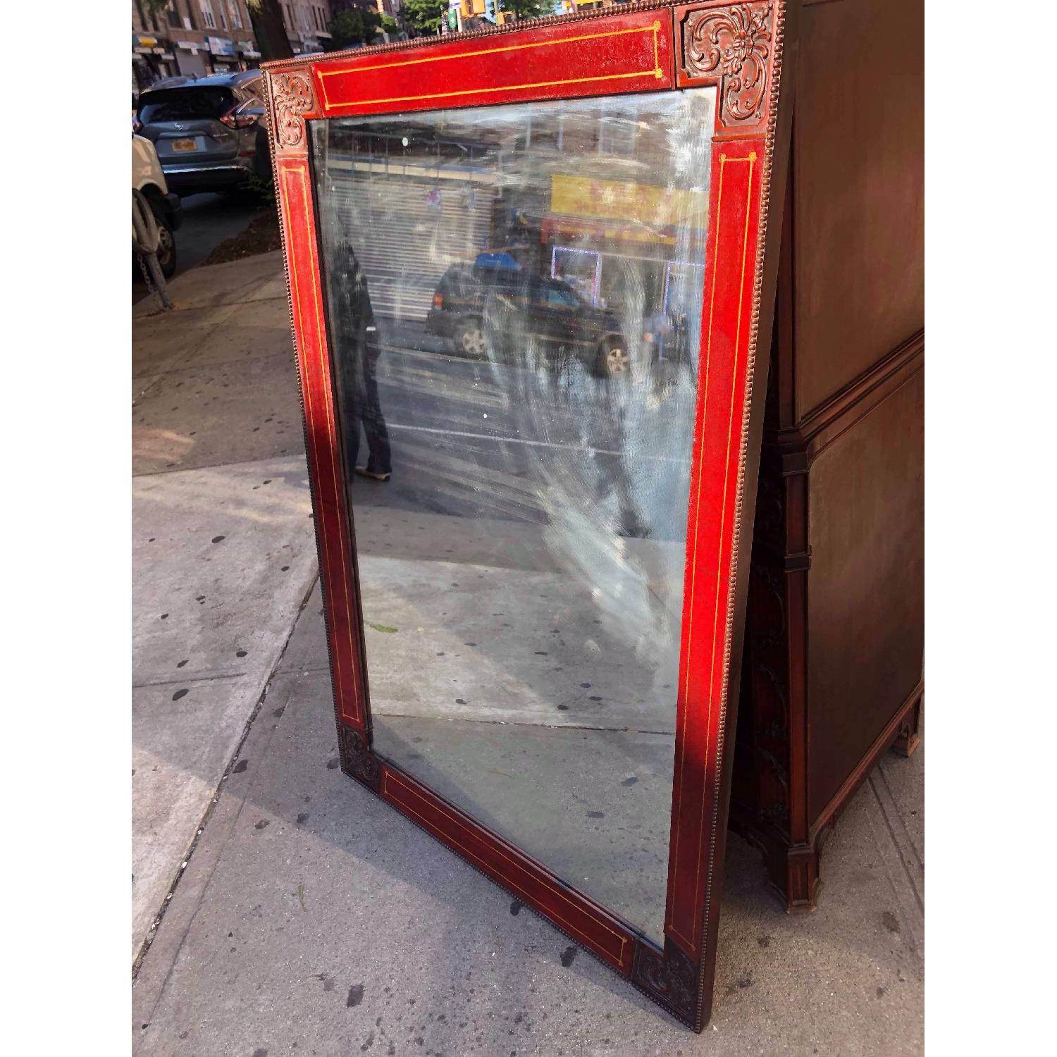 Antique 1930s Wood & Leather Framed Wall Mirror - image-2