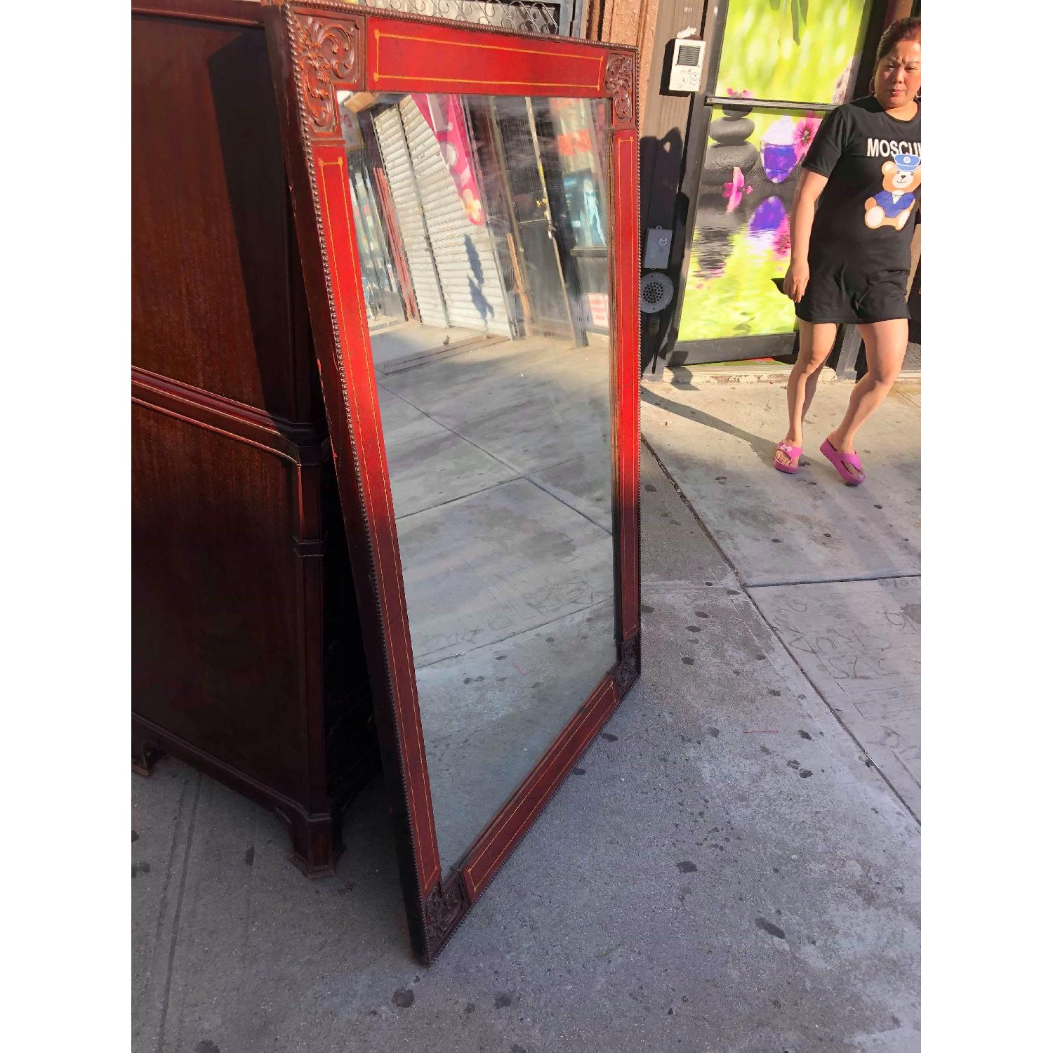 Antique 1930s Wood & Leather Framed Wall Mirror - image-4