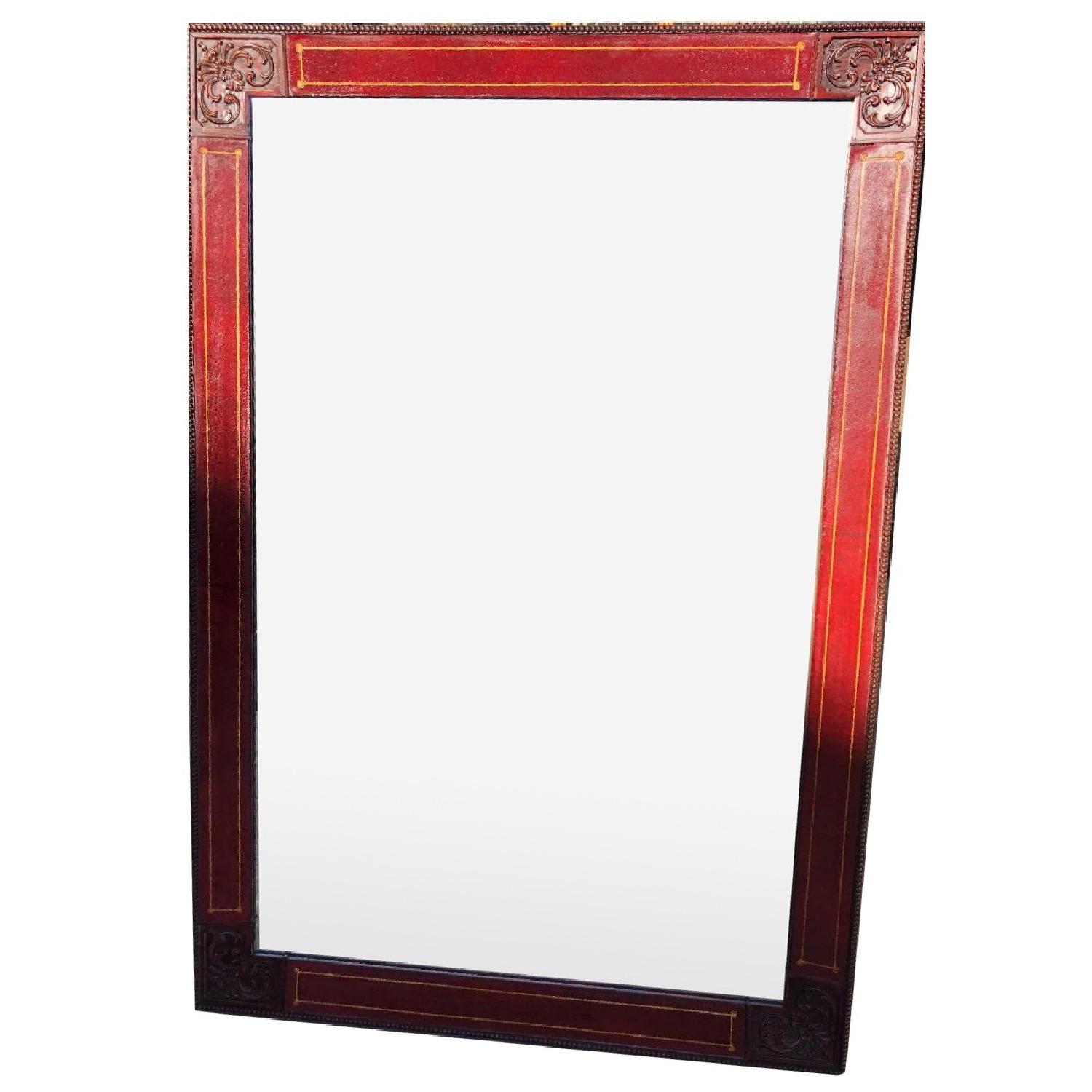 Antique 1930s Wood & Leather Framed Wall Mirror - image-0