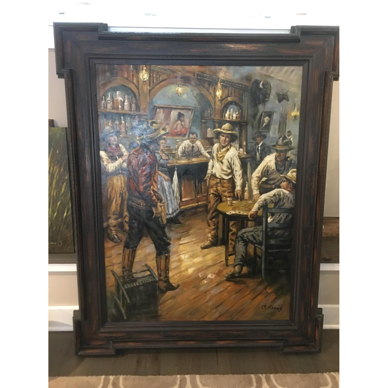 Framed Oil Painting - Cowboys at a Bar - image-1