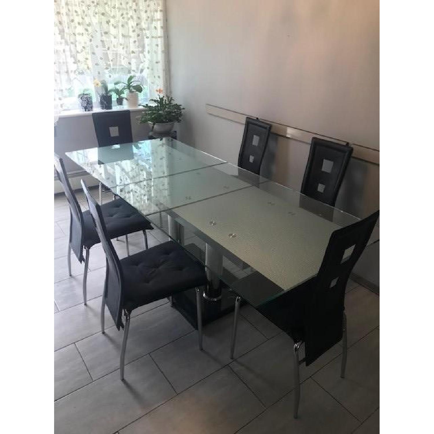 Expandable Glass Top/Marble Base Dining Table w/ 6 Chairs - image-1