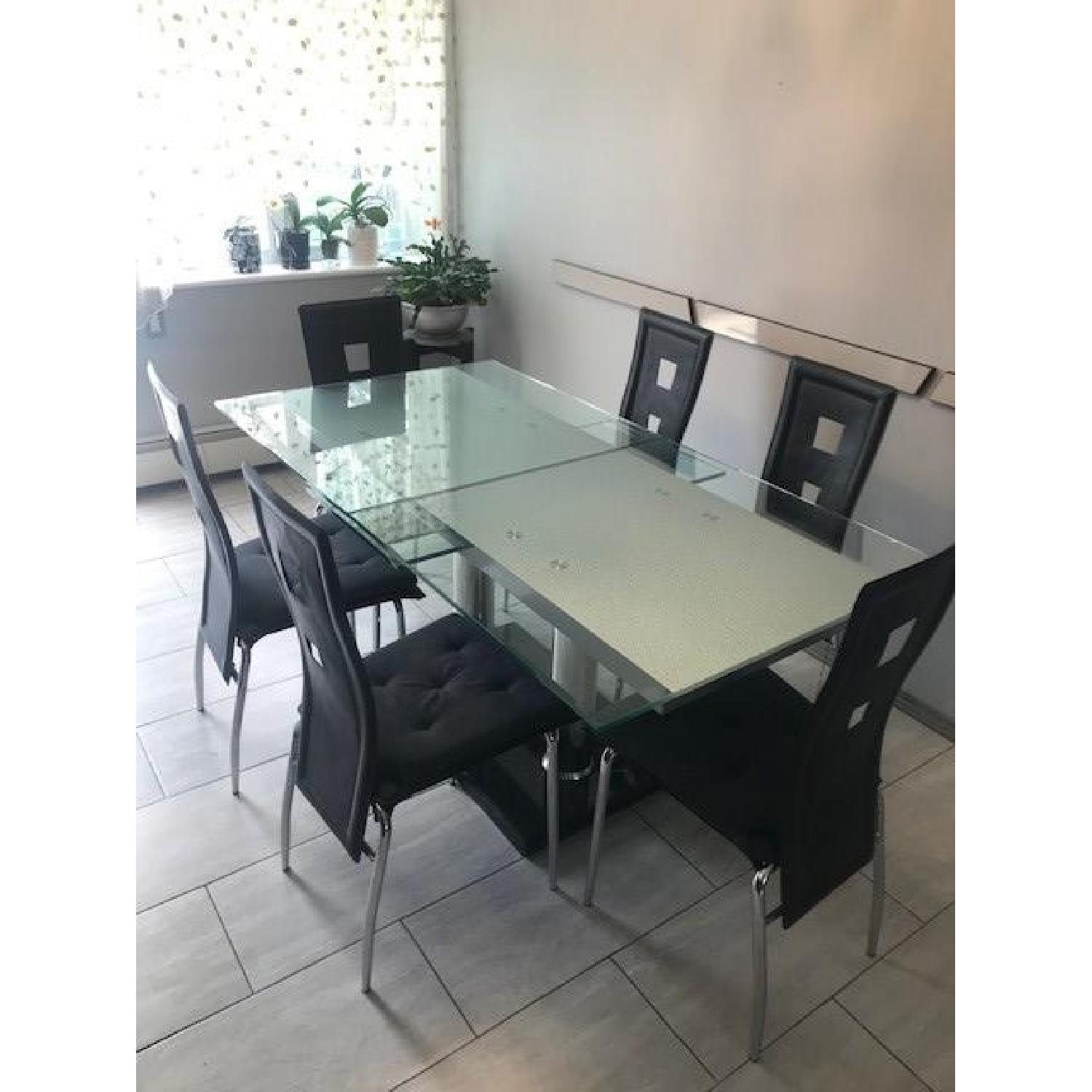 Expandable Glass Top/Marble Base Dining Table w/ 6 Chairs - image-4