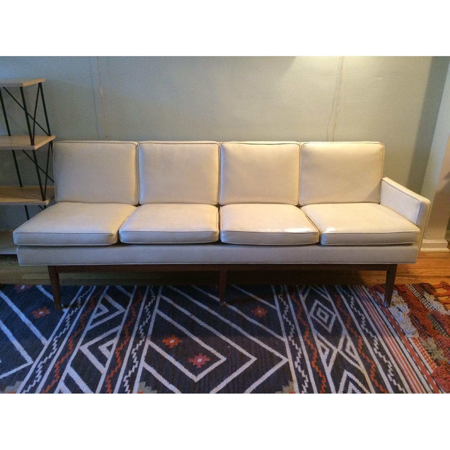 Mid-Century Faux Leather Off-White Couch - image-1