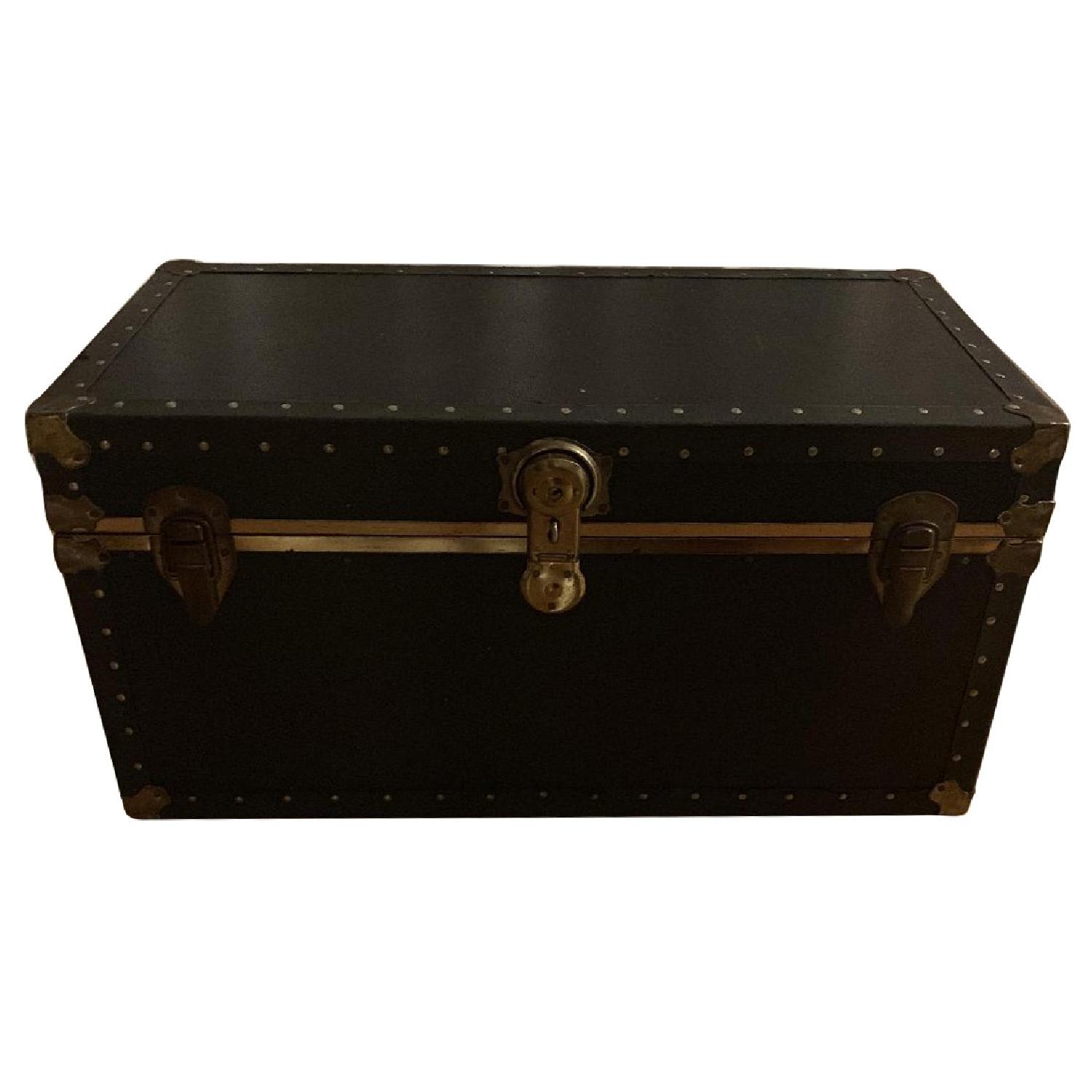 Black Leather & Gold Trunk w/ Wooden Interiors - image-0
