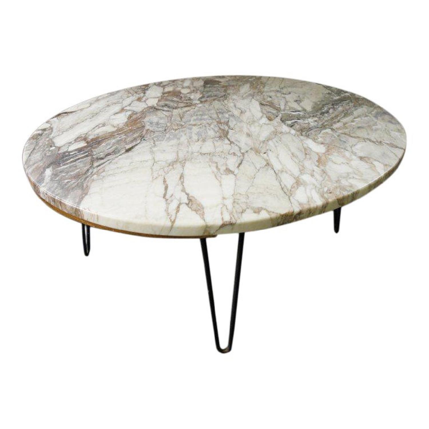 1960s Oval Marble Coffee Table w/ Iron Hairpin Legs - image-0