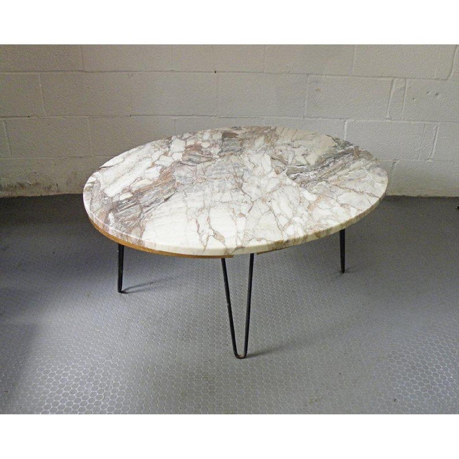1960s Oval Marble Coffee Table w/ Iron Hairpin Legs - image-1