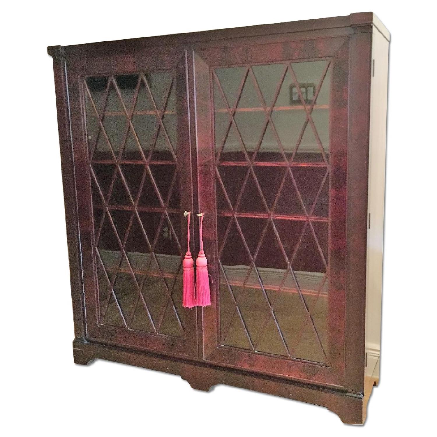 Vintage Wood Bookcase w/ Diamond Pattern Locking Glass Doors AptDeco