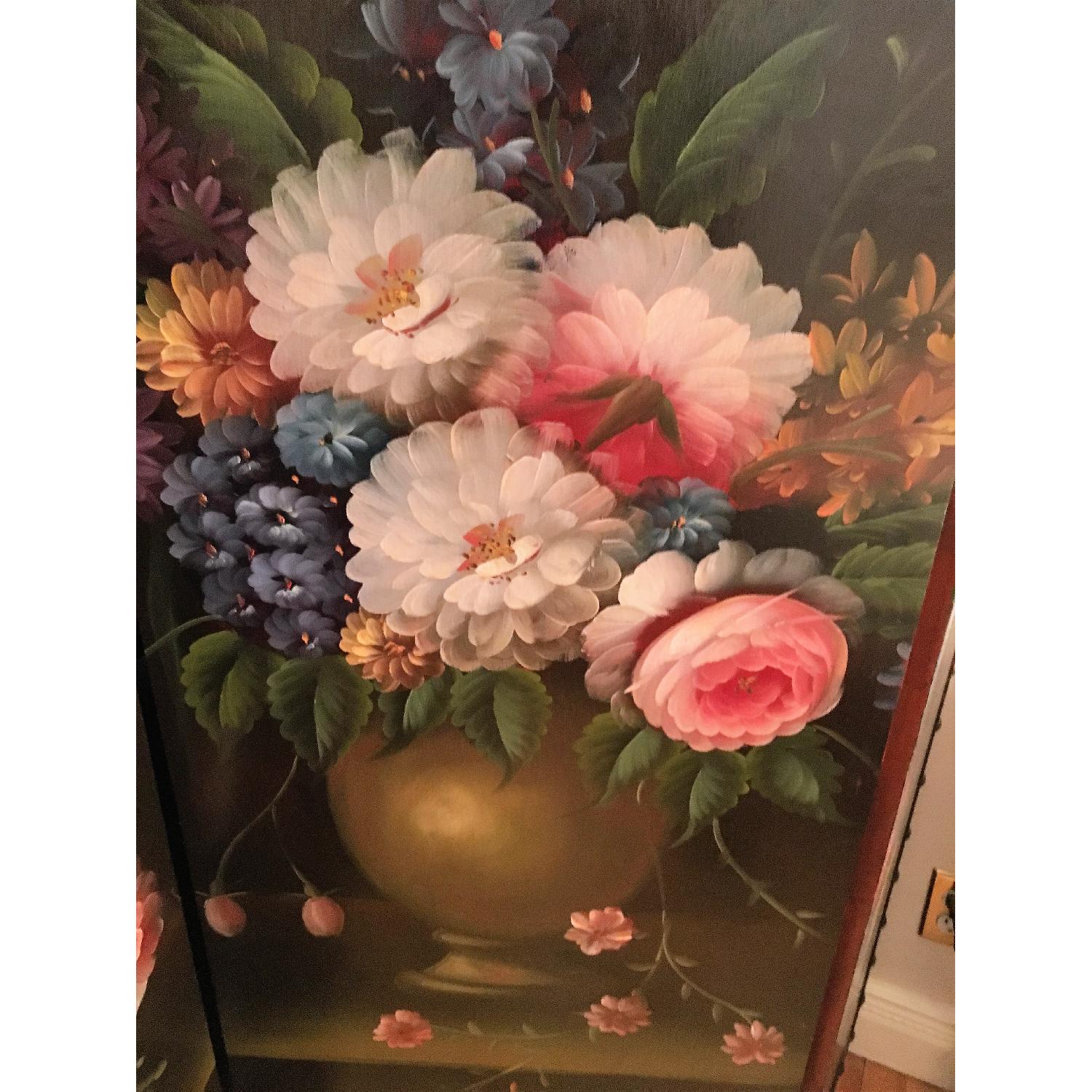 Hand-Painted Floral Decor/Black Background Tri-Fold Screen/Room Divider - image-2