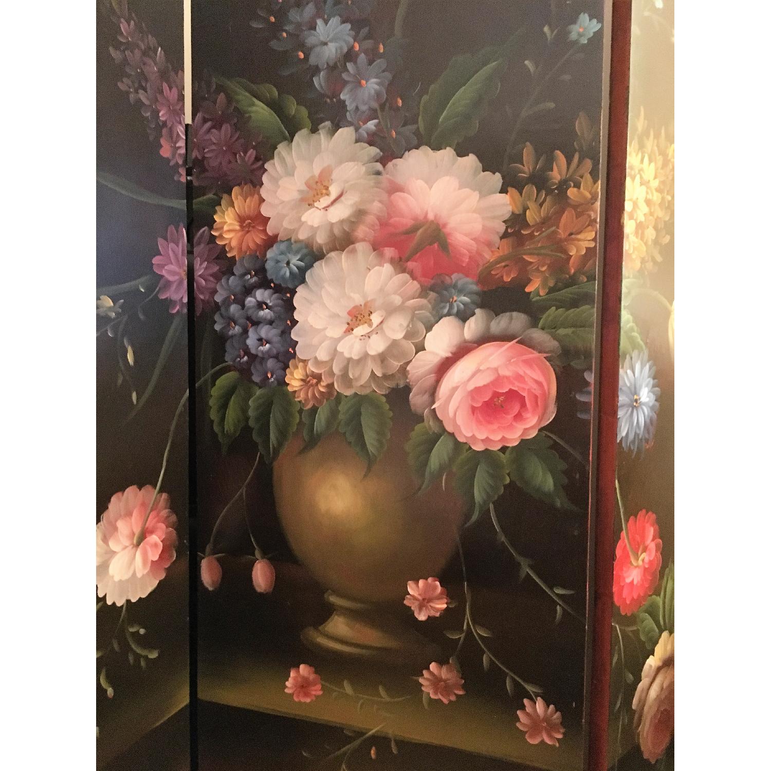 Hand-Painted Floral Decor/Black Background Tri-Fold Screen/Room Divider - image-3