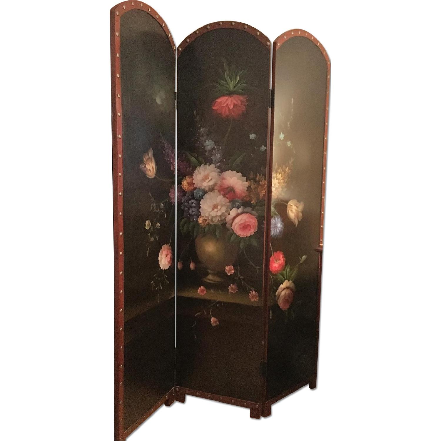 Hand-Painted Floral Decor/Black Background Tri-Fold Screen/Room Divider - image-0