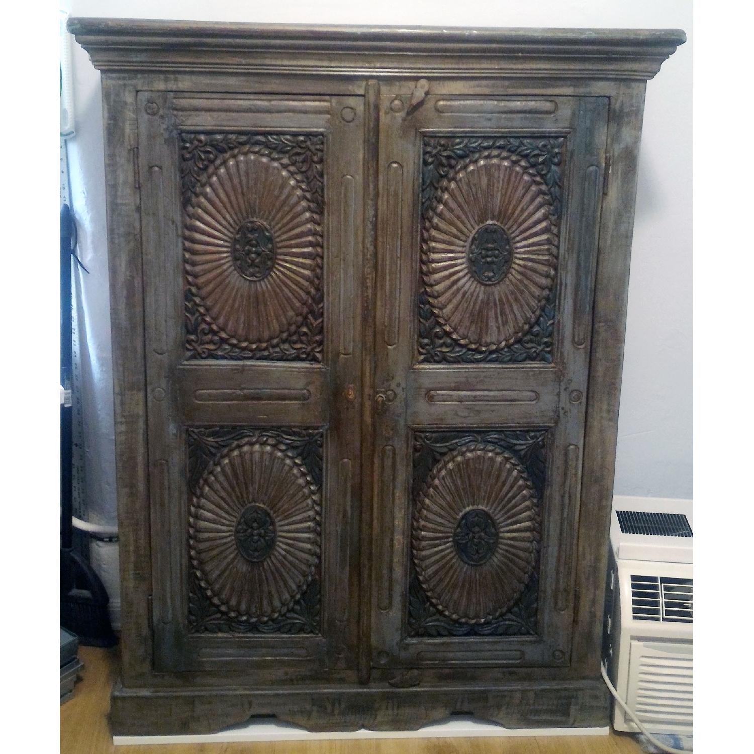 Large Teal Colored Vintage Carved Wooden Cabinet Made In India 