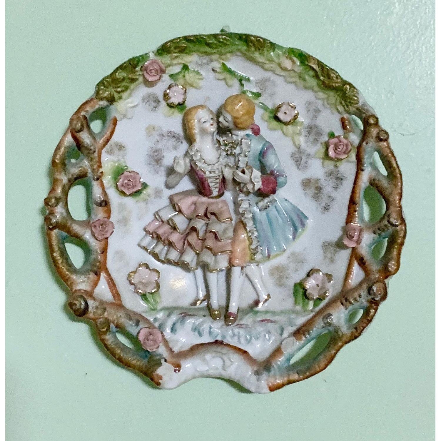 Vintage Bone China Lace Victorian Couple Wall Plates - image-1