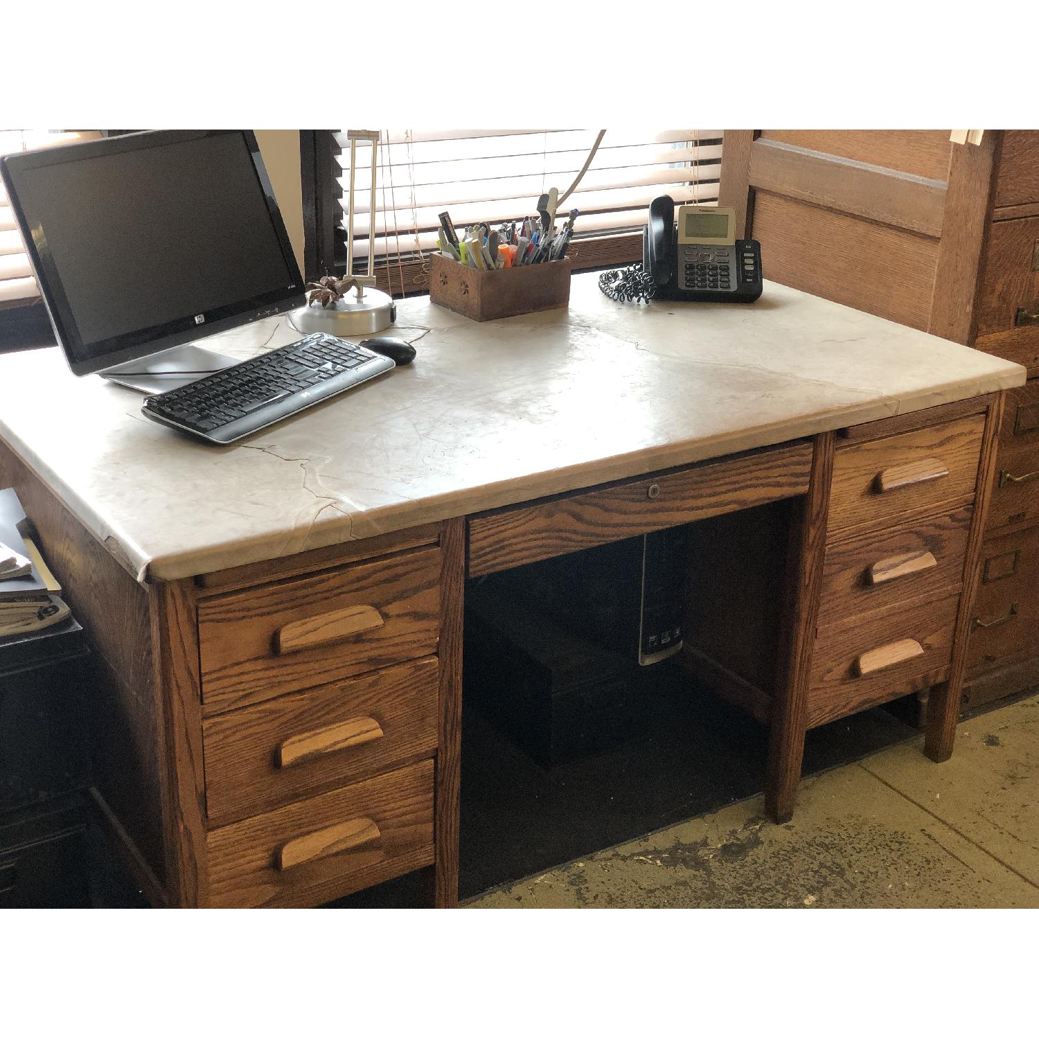 Antique Mission Style Desk w/ Distressed Calf Skin Covering AptDeco
