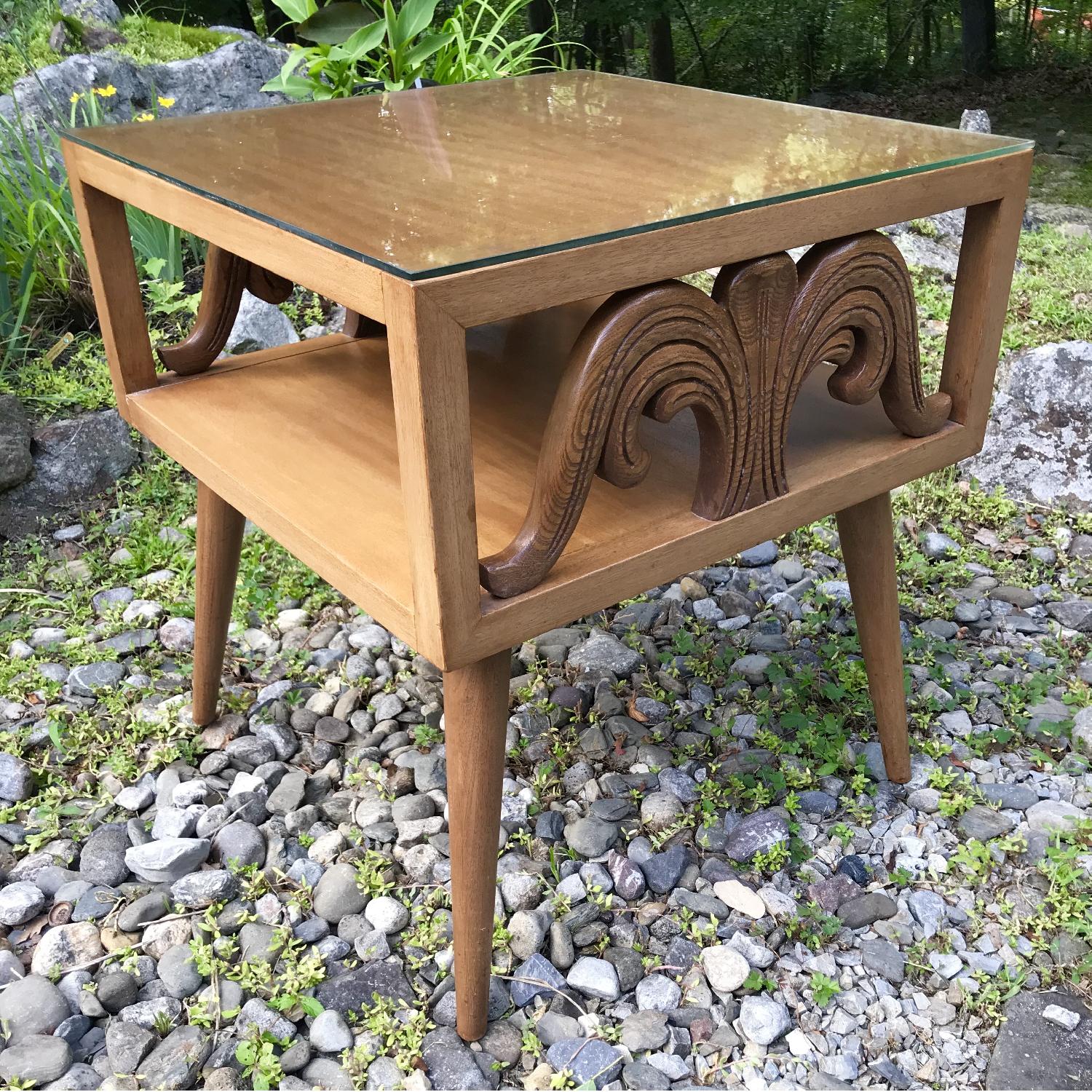 Mid Century Carved Side Table w/ Glass Top - image-1