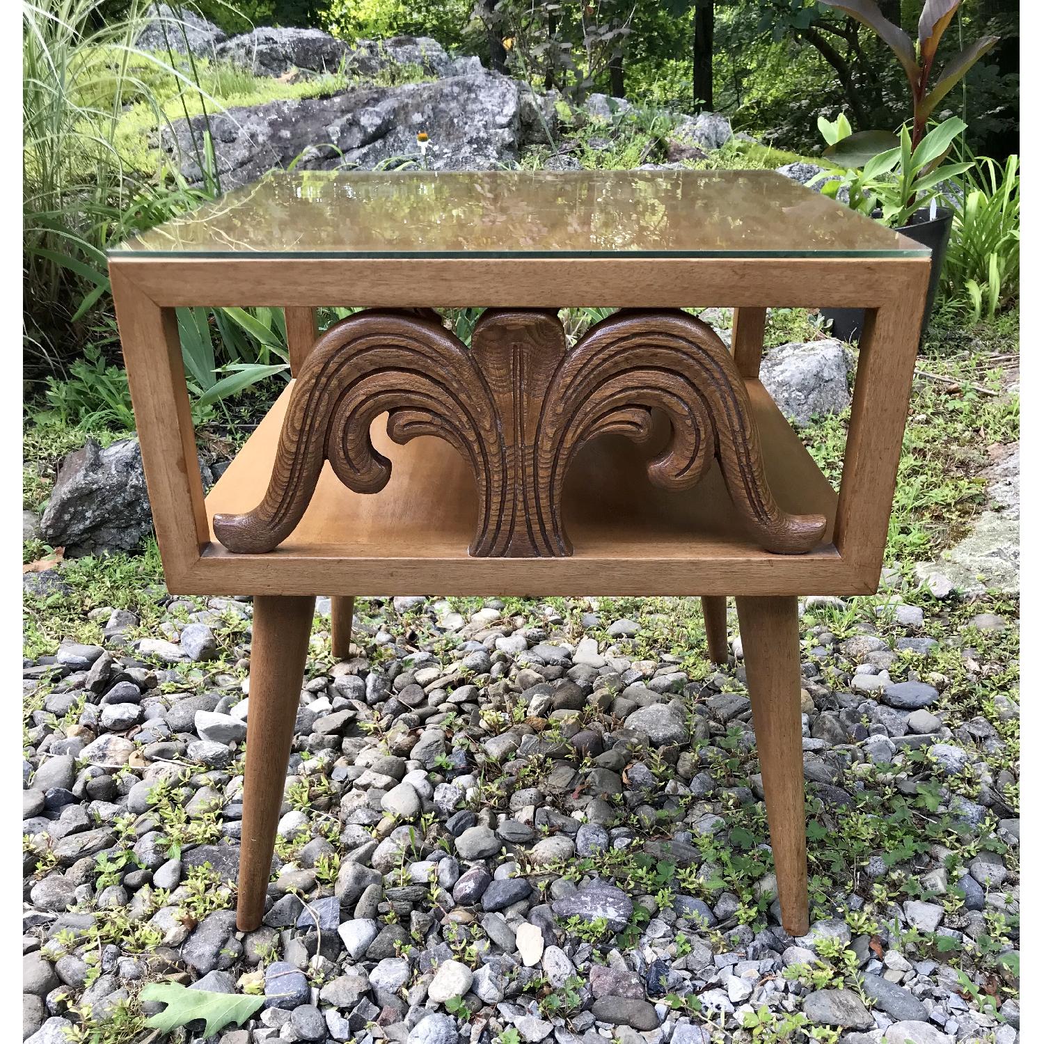 Mid Century Carved Side Table w/ Glass Top - image-2