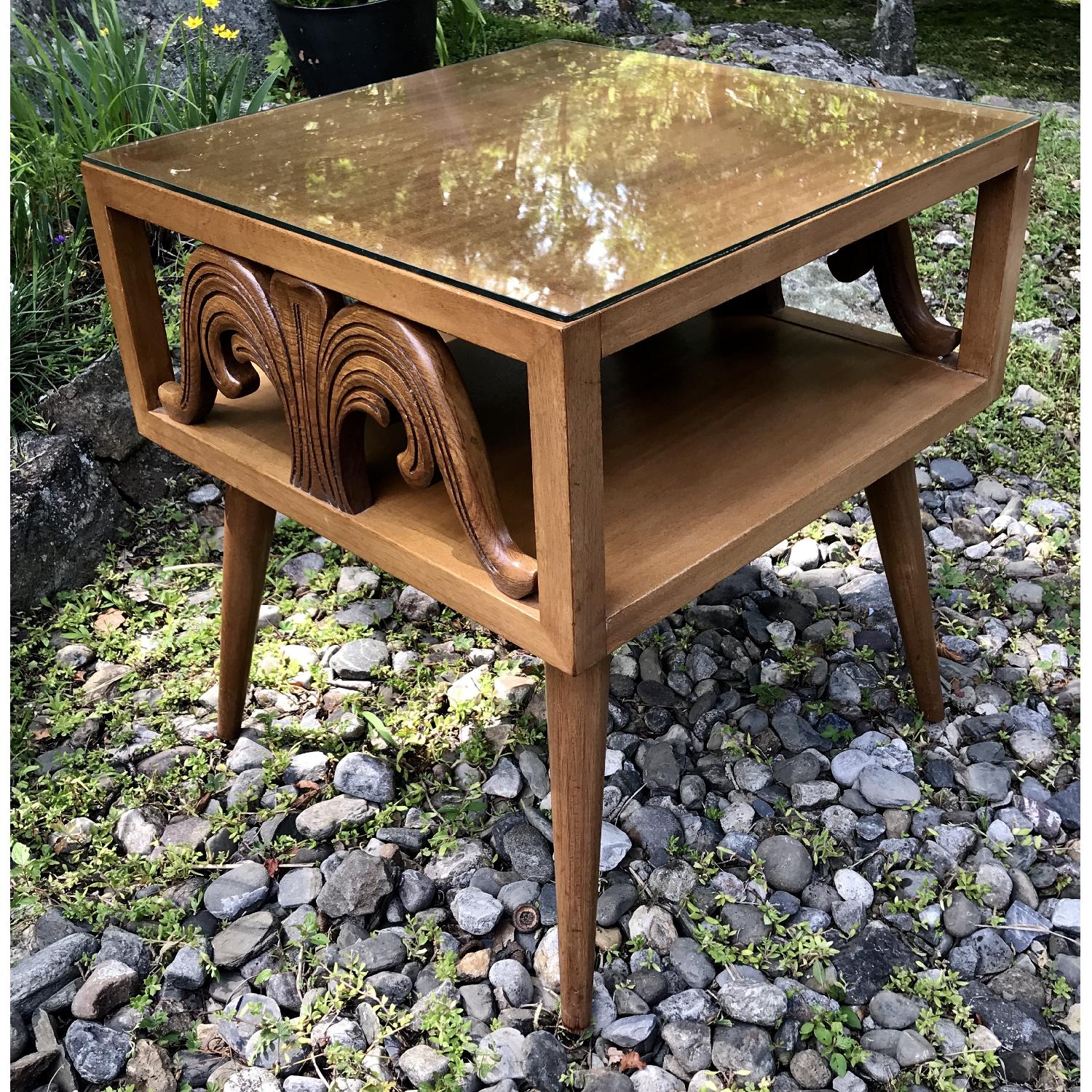 Mid Century Carved Side Table w/ Glass Top - image-4