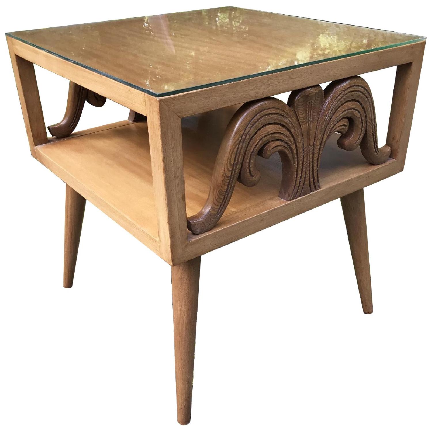 Mid Century Carved Side Table w/ Glass Top - image-0