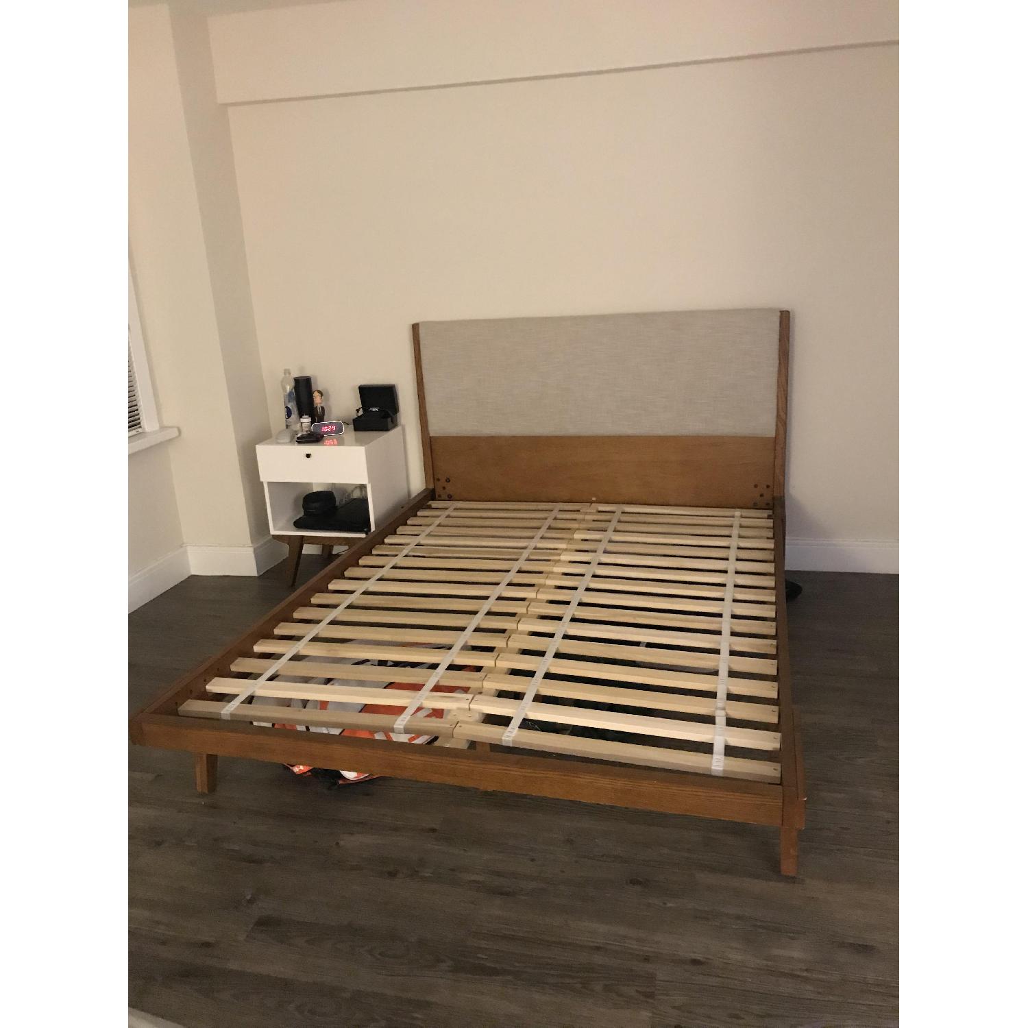 West Elm Modern Bed in Linen Weave Natural AptDeco