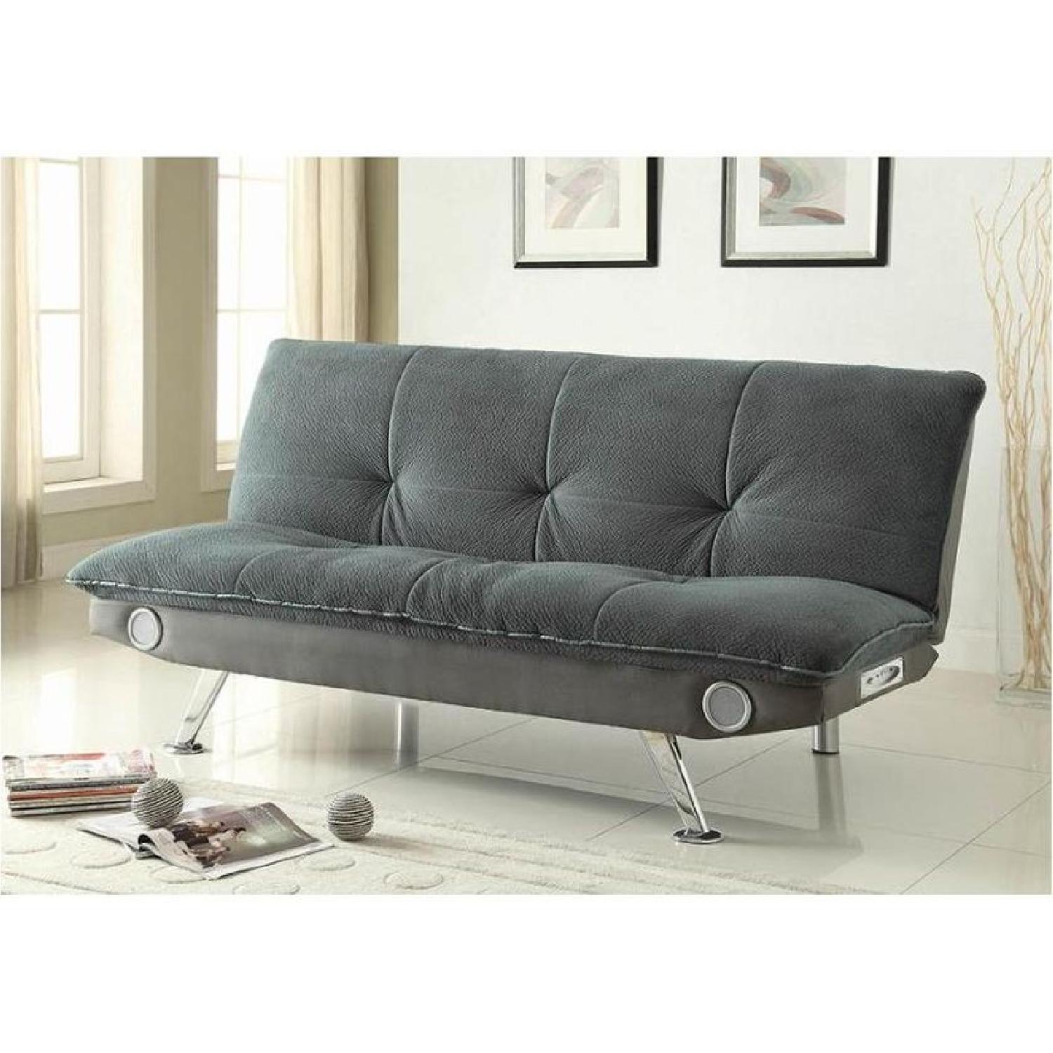 Grey Velvet Contemporary Sleeper Sofa w/ BuiltIn Speakers AptDeco