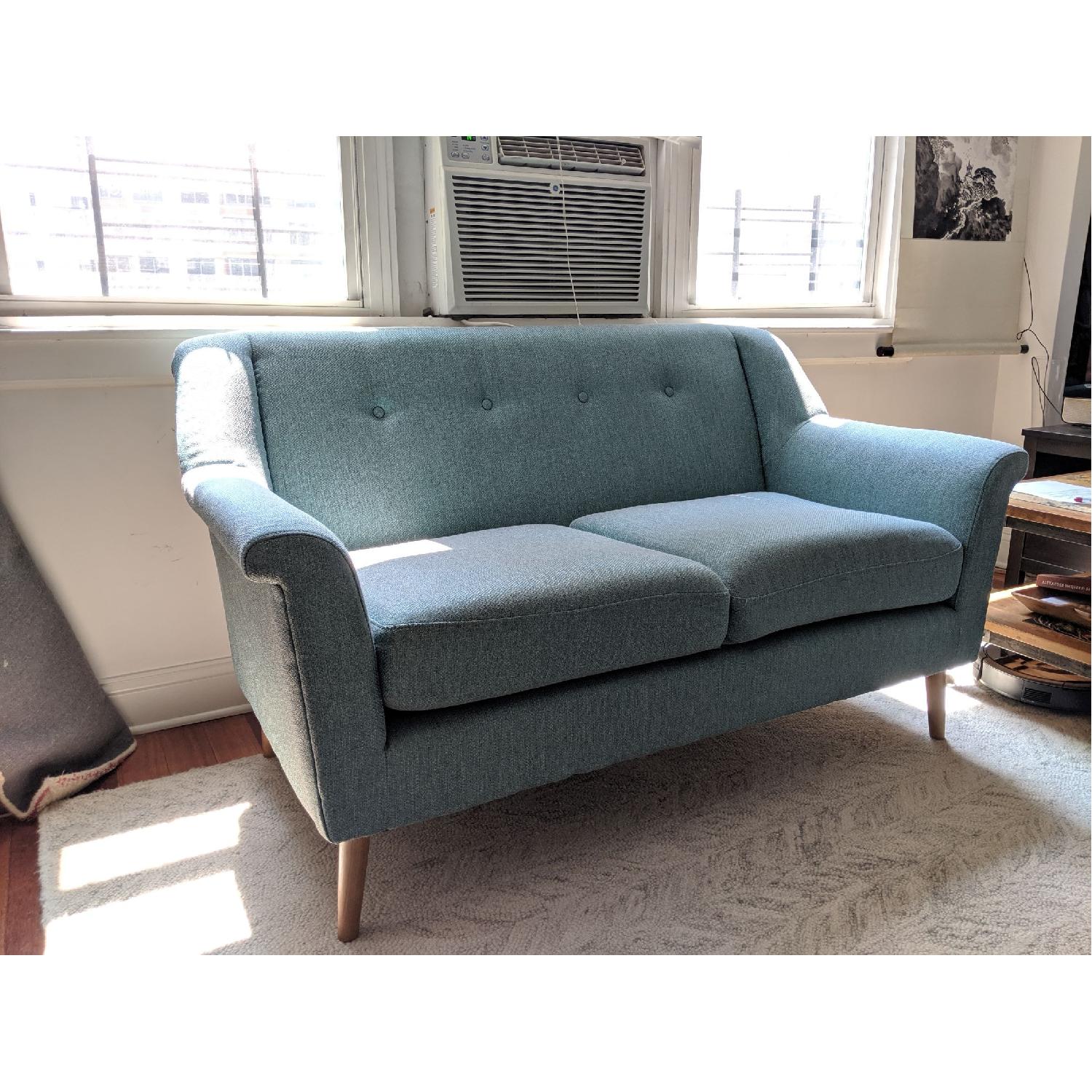 World Market Mid-Century Upholstered Loveseat in Teal/Grey - image-1