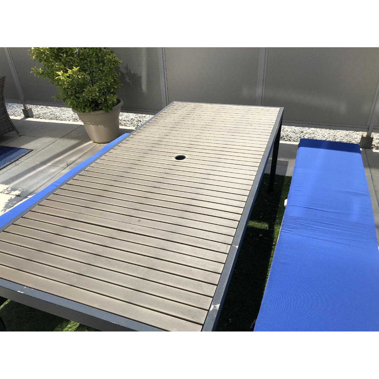 Crate & Barrel Outdoor Dining Table w/ 2 Cushioned Benches - image-2