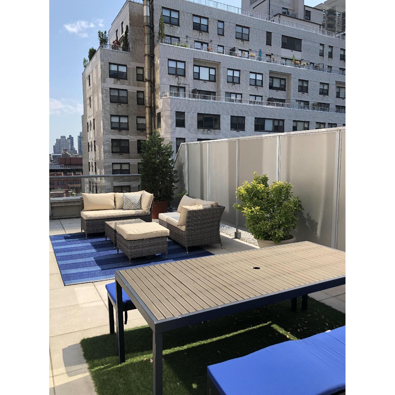 Crate & Barrel Outdoor Dining Table w/ 2 Cushioned Benches - image-3