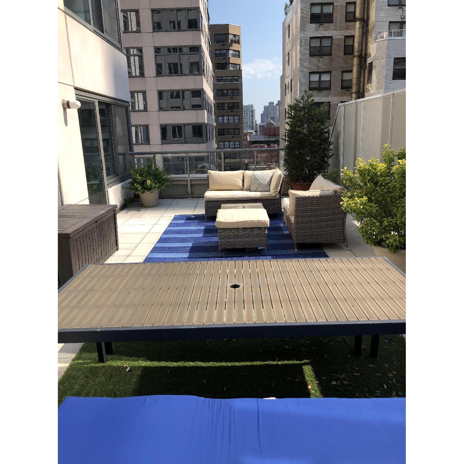 Crate & Barrel Outdoor Dining Table w/ 2 Cushioned Benches - image-4