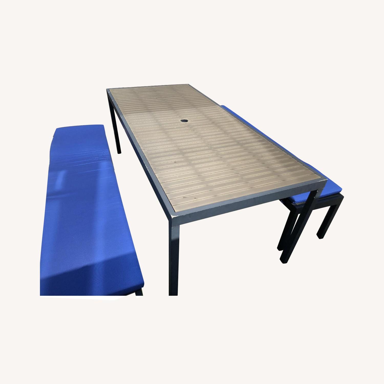 Crate & Barrel Outdoor Dining Table w/ 2 Cushioned Benches AptDeco