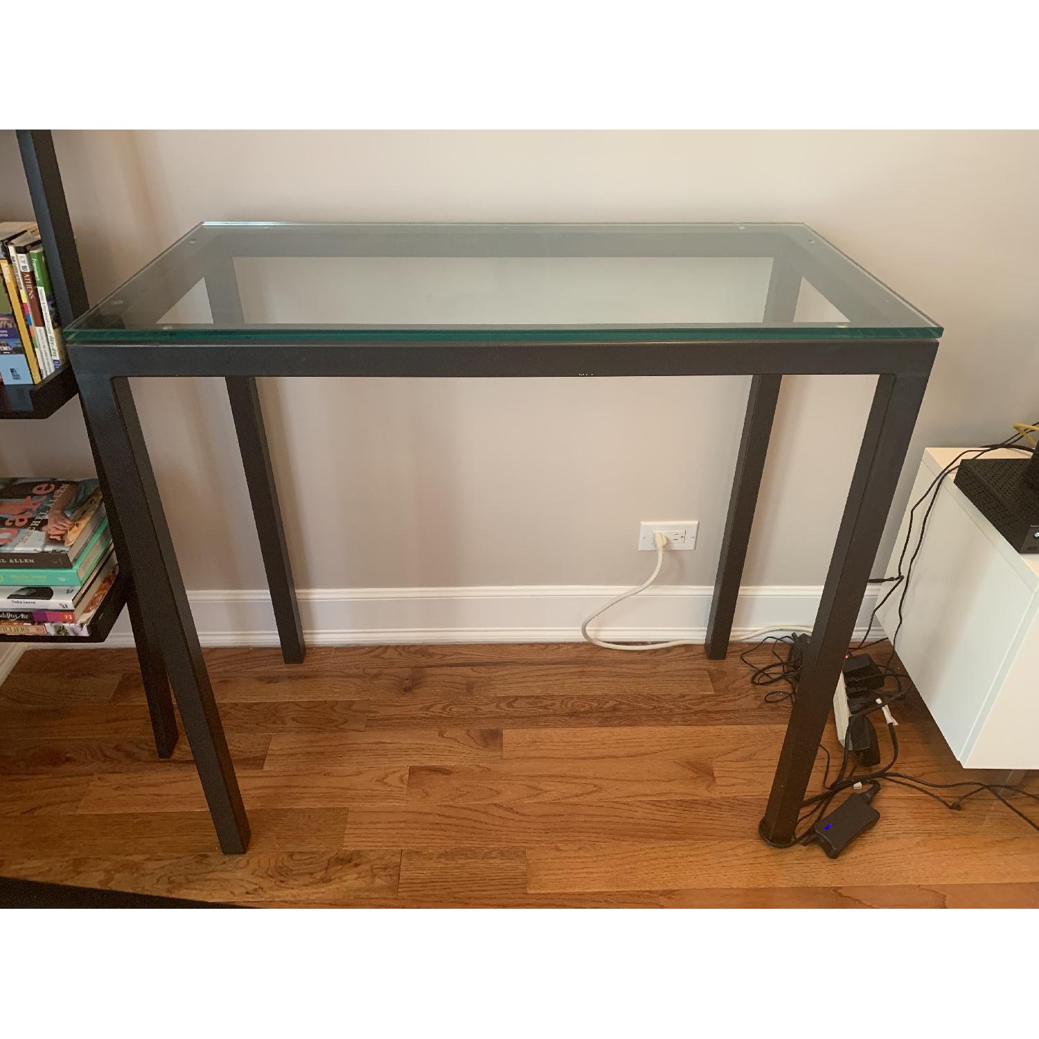 West Elm Glass Top Counter Table w/ 2 Black Bar Stools AptDeco