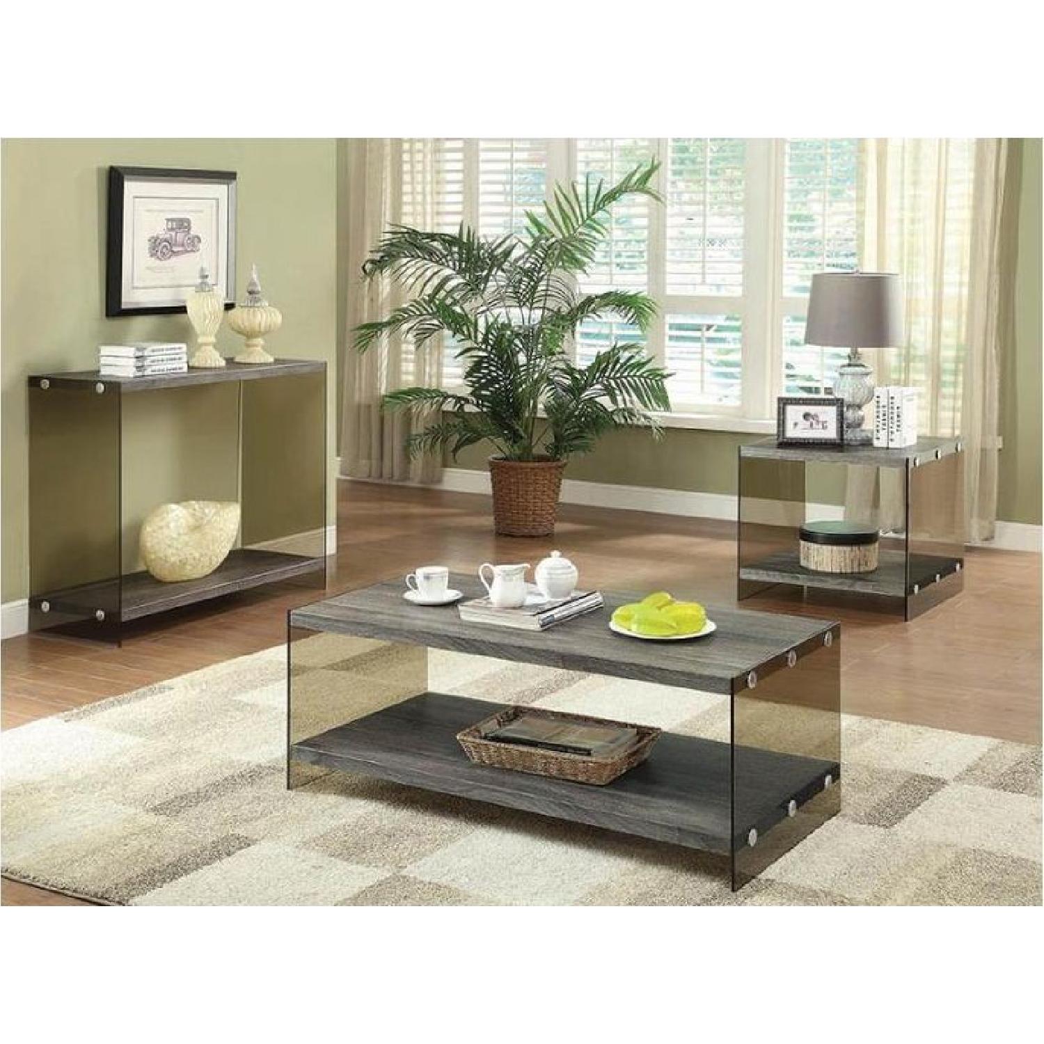 Modern Sofa Table w/ Weathered Grey Shelves & Glass Ends AptDeco