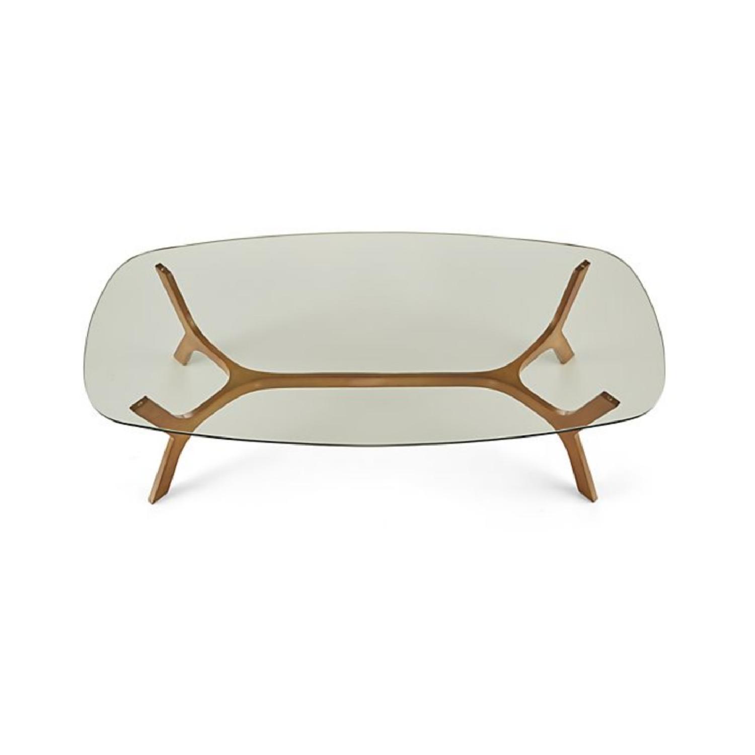 Crate & Barrel Elke Glass Coffee Table w/ Brass Base AptDeco