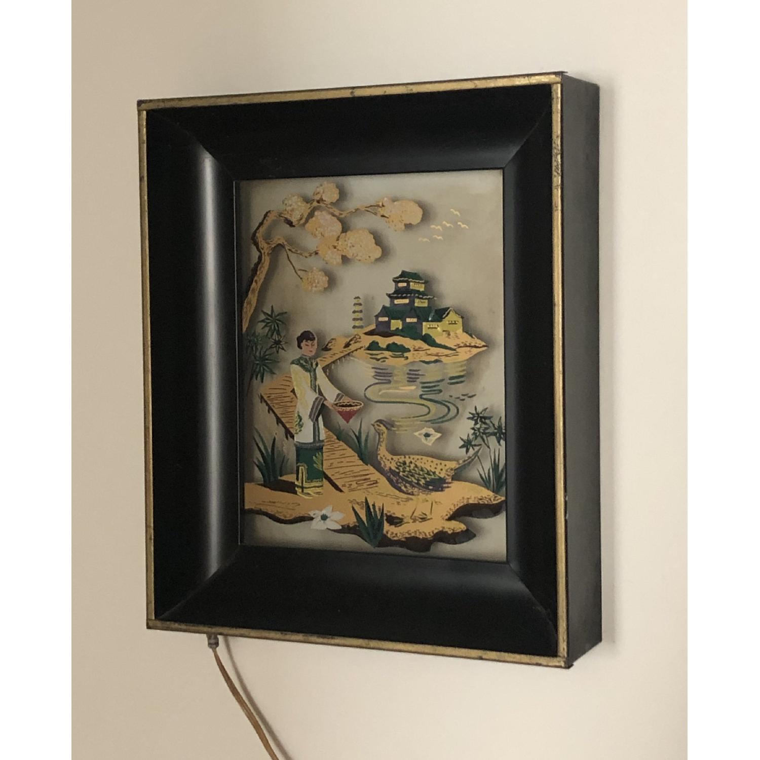 Vintage Lighted Shadowbox Wall Lamp w/ Painted Glass Art - image-3