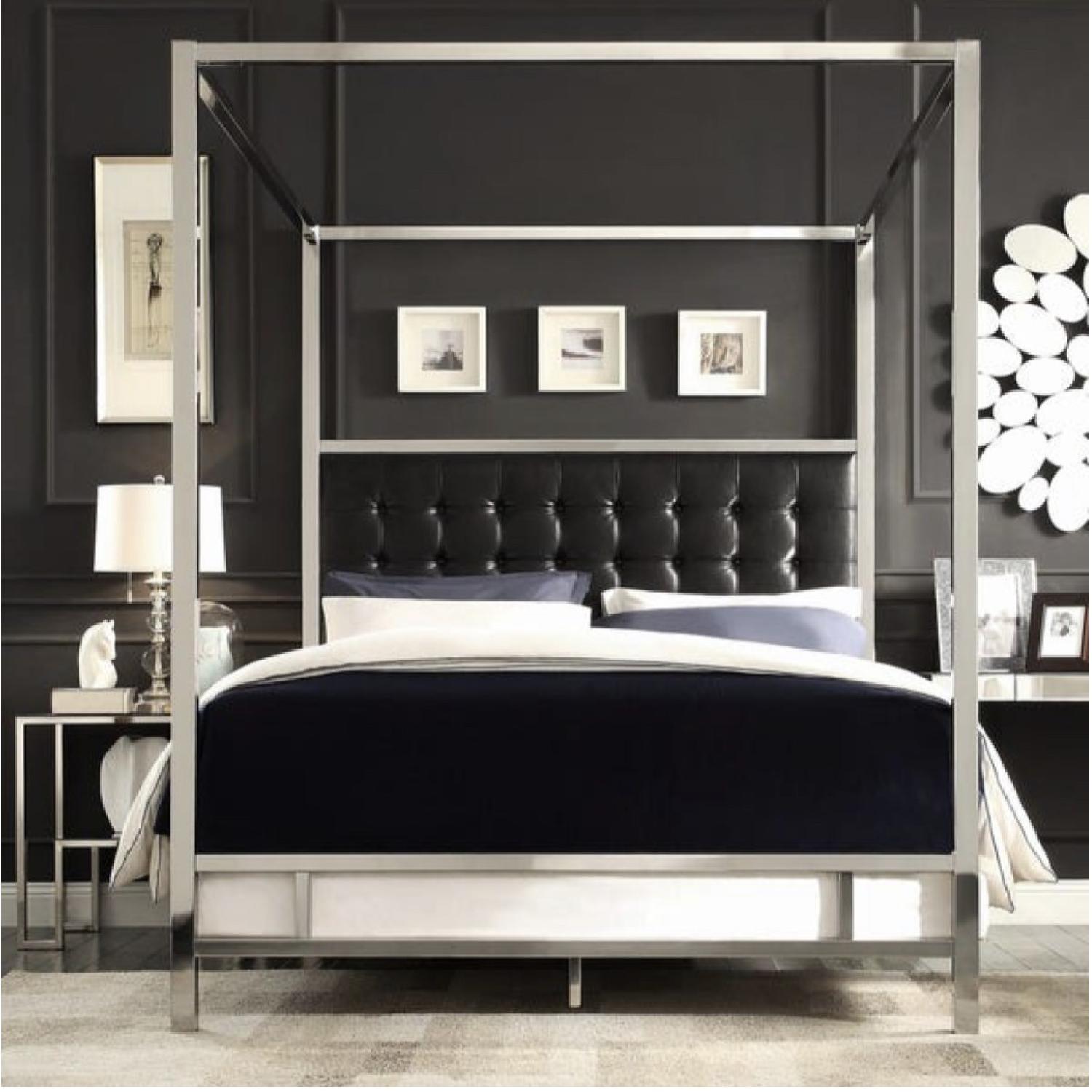InspireQ Black Leather & Chrome Canopy Bed - image-1