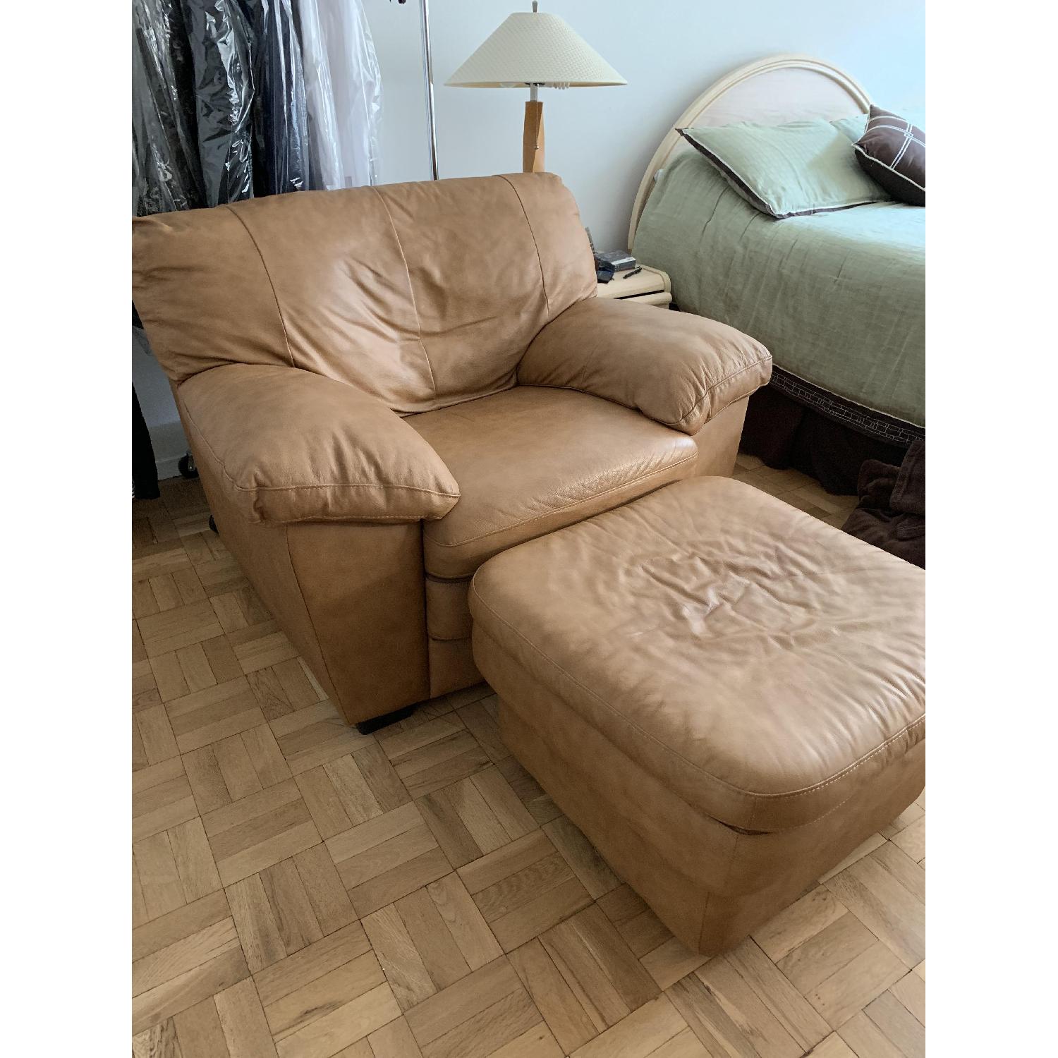 Tan/Light Brown Leather Chair & Ottoman - image-2