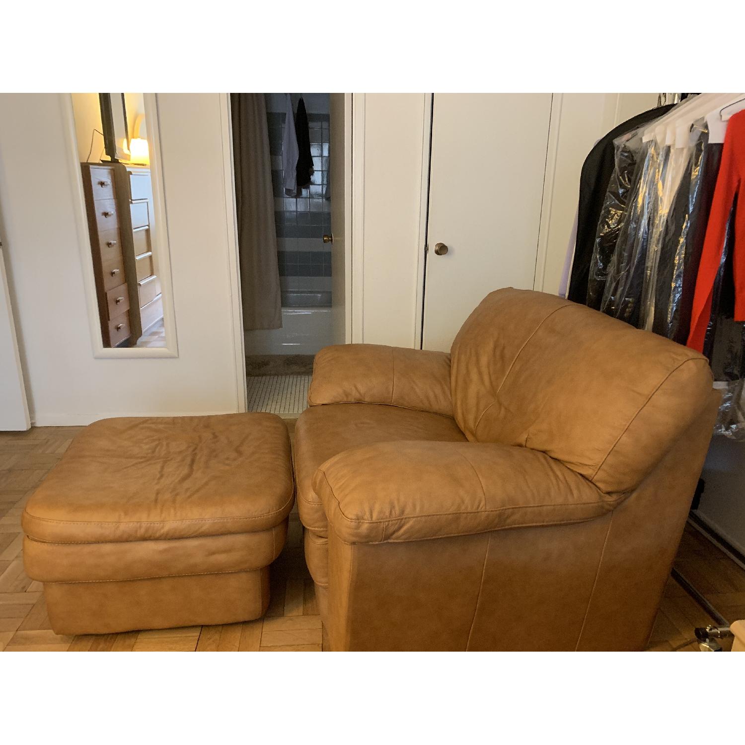 Tan/Light Brown Leather Chair & Ottoman - image-3