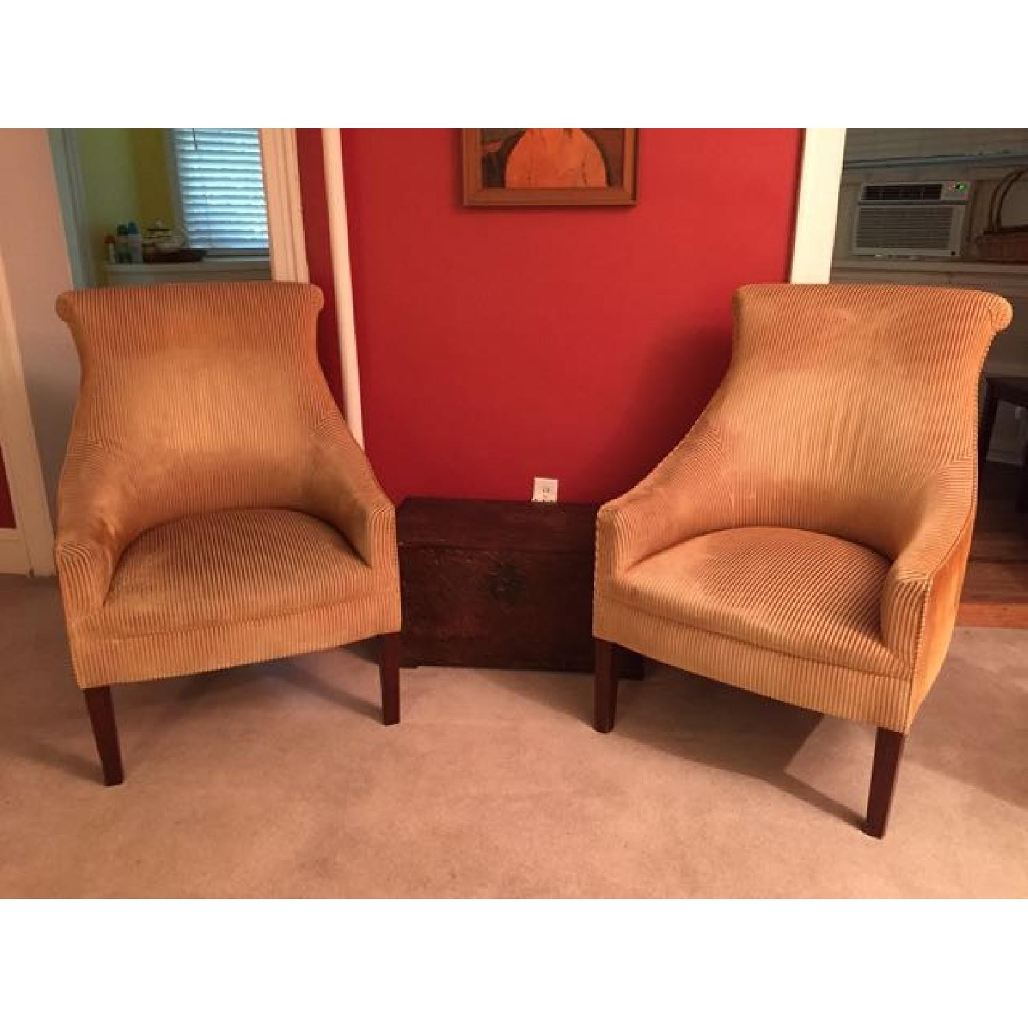 Velvet Gold Wingback Chairs w/ Dusky Blue Background - image-1
