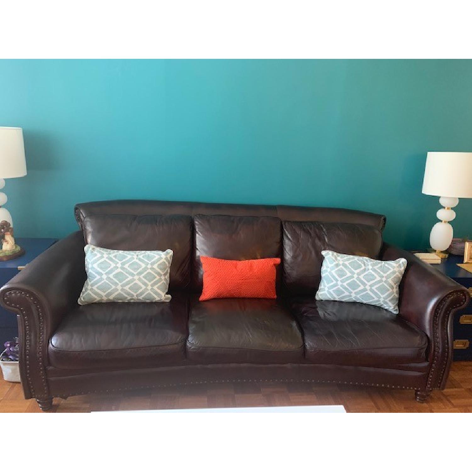 Macys Brown Leather Studded Sofa & Matching Chair - image-2