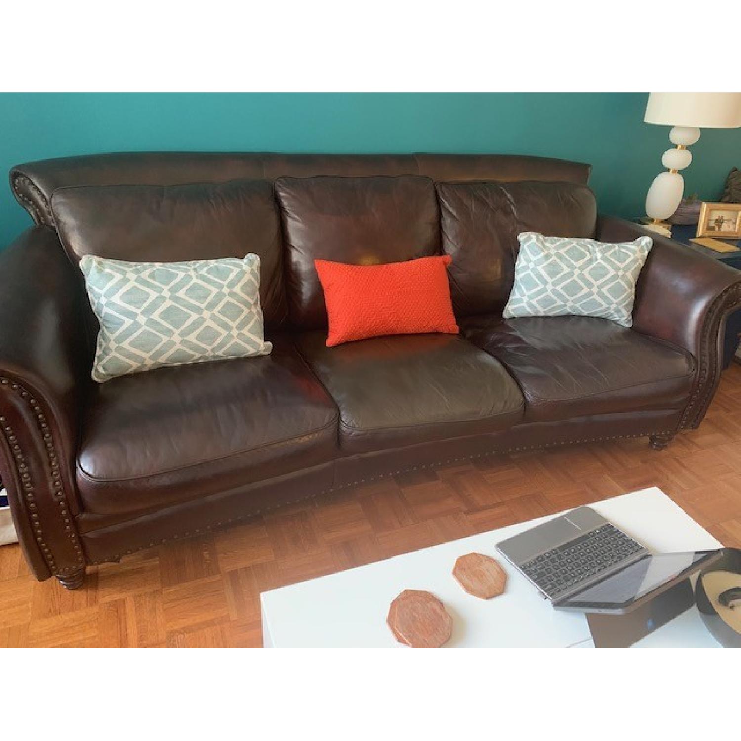 Macys Brown Leather Studded Sofa & Matching Chair - image-4