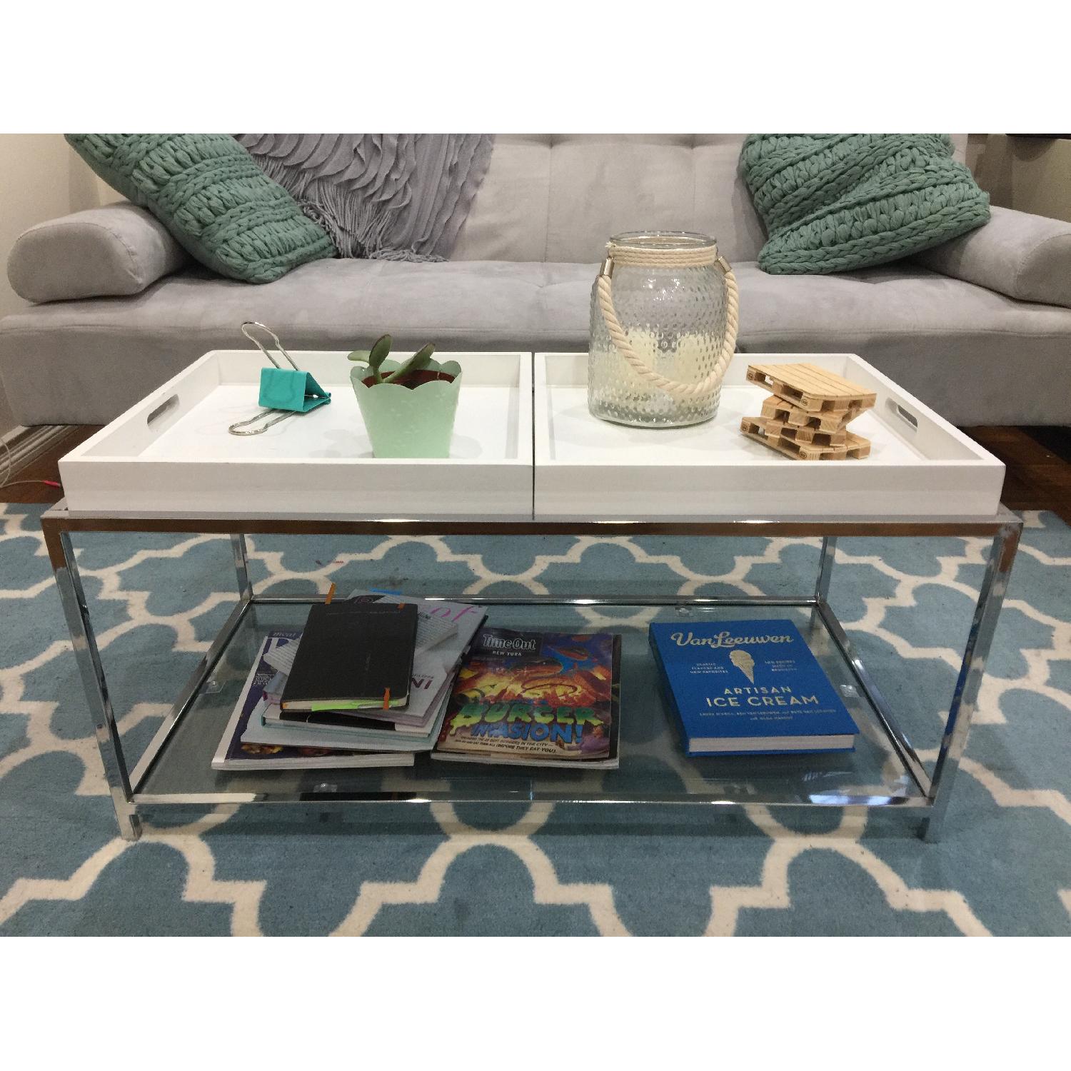 Metal & Glass Coffee Table w/ White Trays AptDeco
