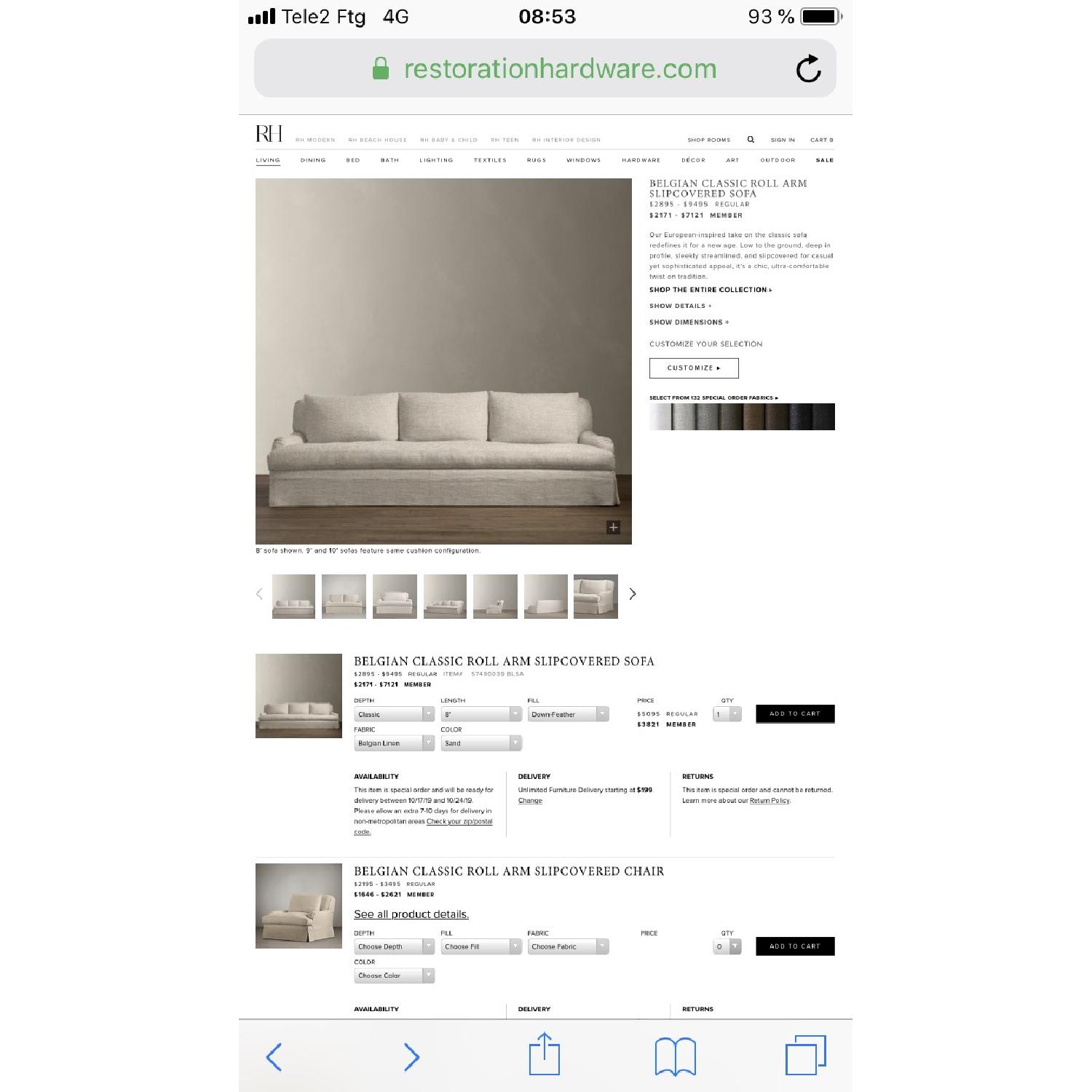 Restoration Hardware Belgian Roll Arm Slipcovered Sofa - image-2