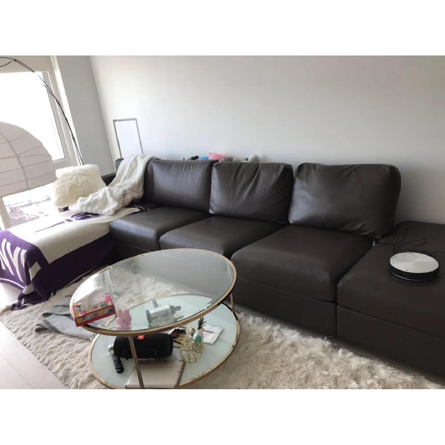 Ikea Brown Leather Corner Sectional Sofa w/ Extra Storage - image-1