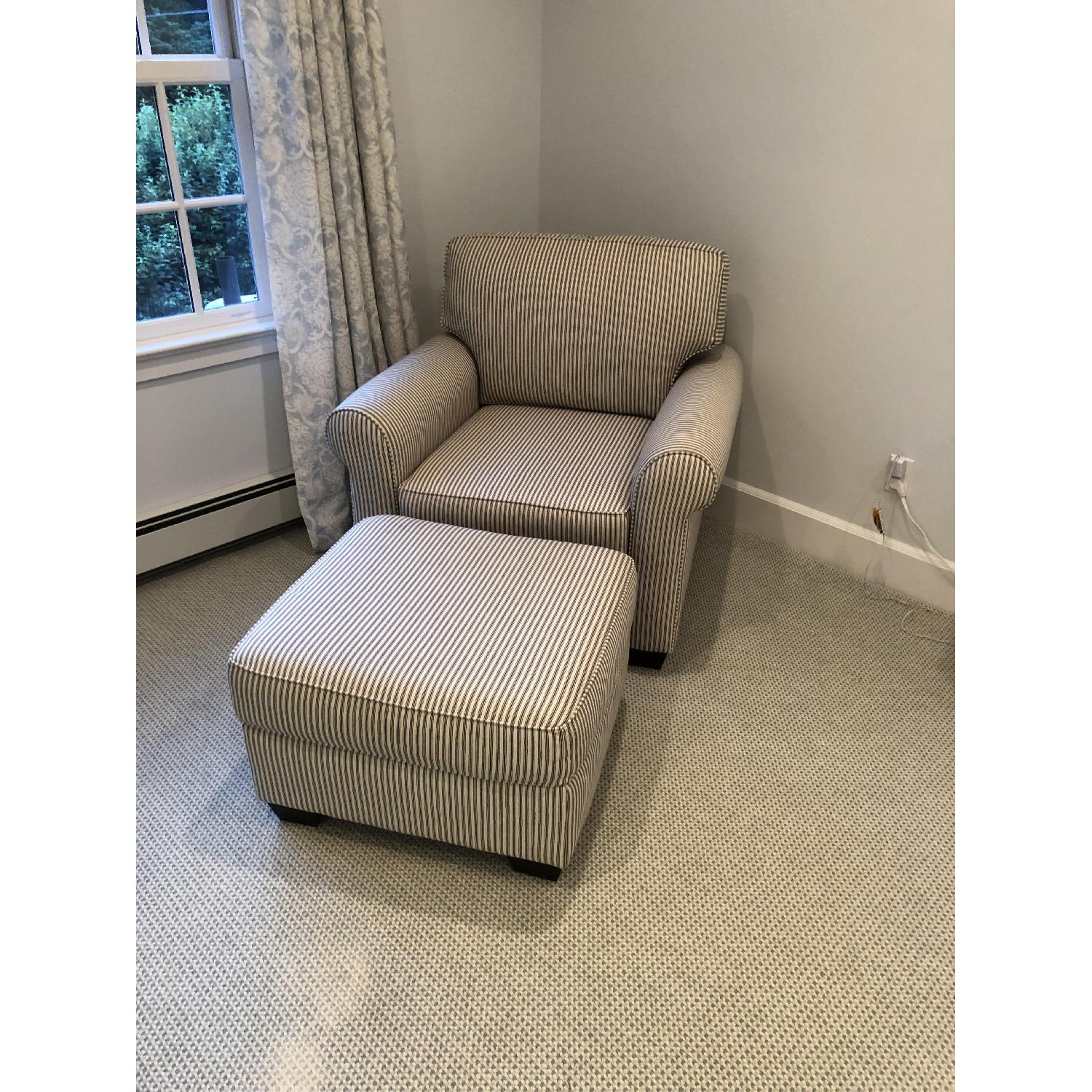 Pottery Barn Chair & Ottoman in Blue Ticking Stripe - image-1