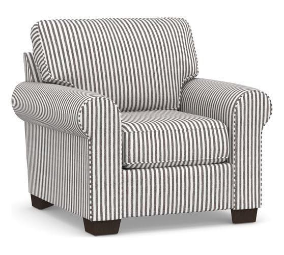 Pottery Barn Chair & Ottoman in Blue Ticking Stripe