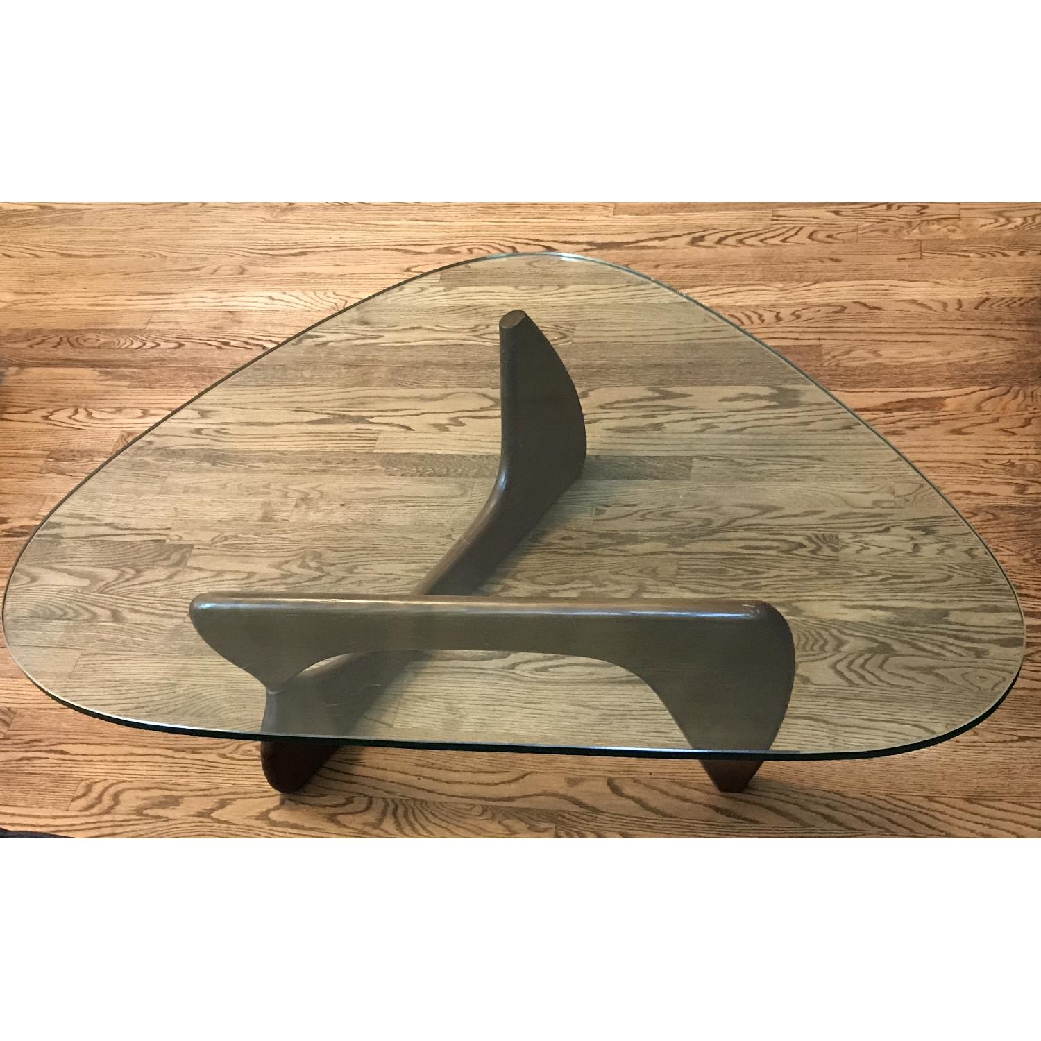 Noguchi Inspired Glass Top Coffee Table w/ Walnut Base AptDeco