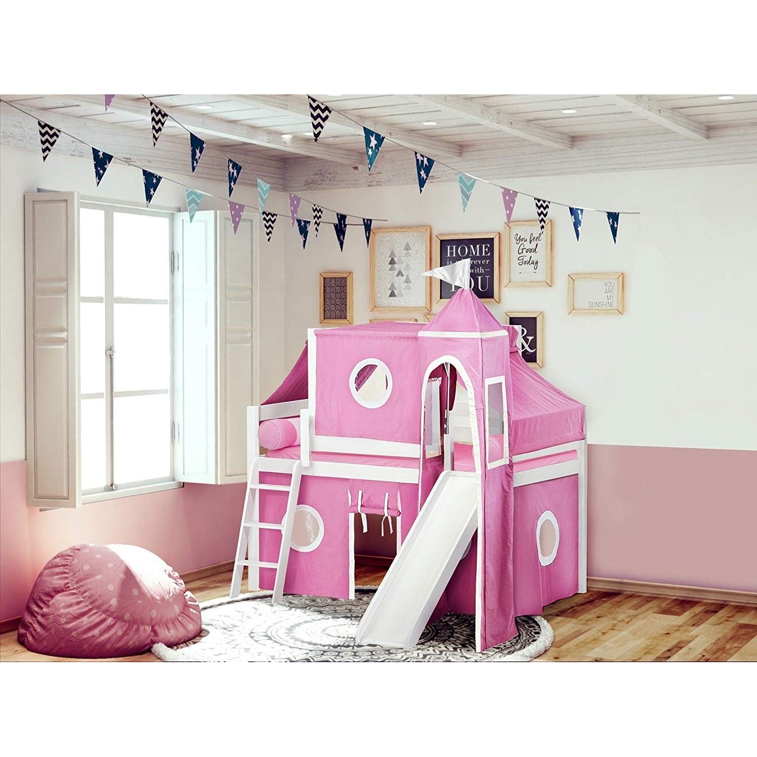 Jackpot Princess Pink/White Low Loft Stairway Bed w/ Slide - image-1