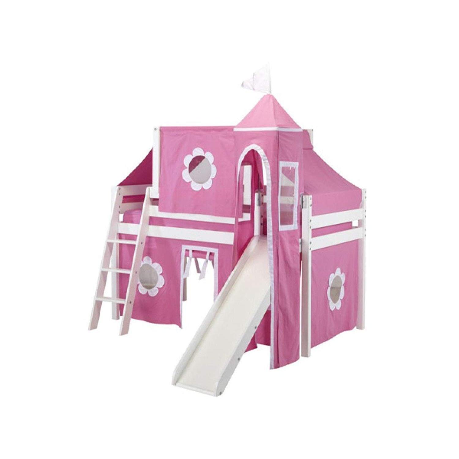 Jackpot Princess Pink/White Low Loft Stairway Bed w/ Slide - image-2