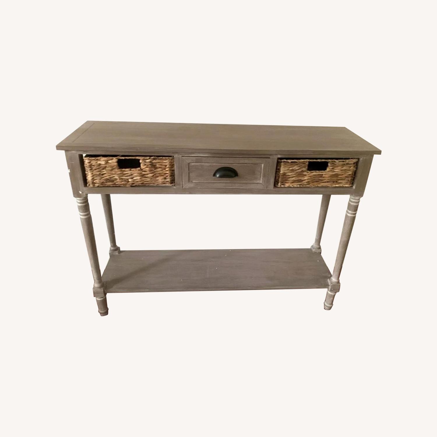 Classic Farmhouse Wood Console w/ Wicker Baskets AptDeco