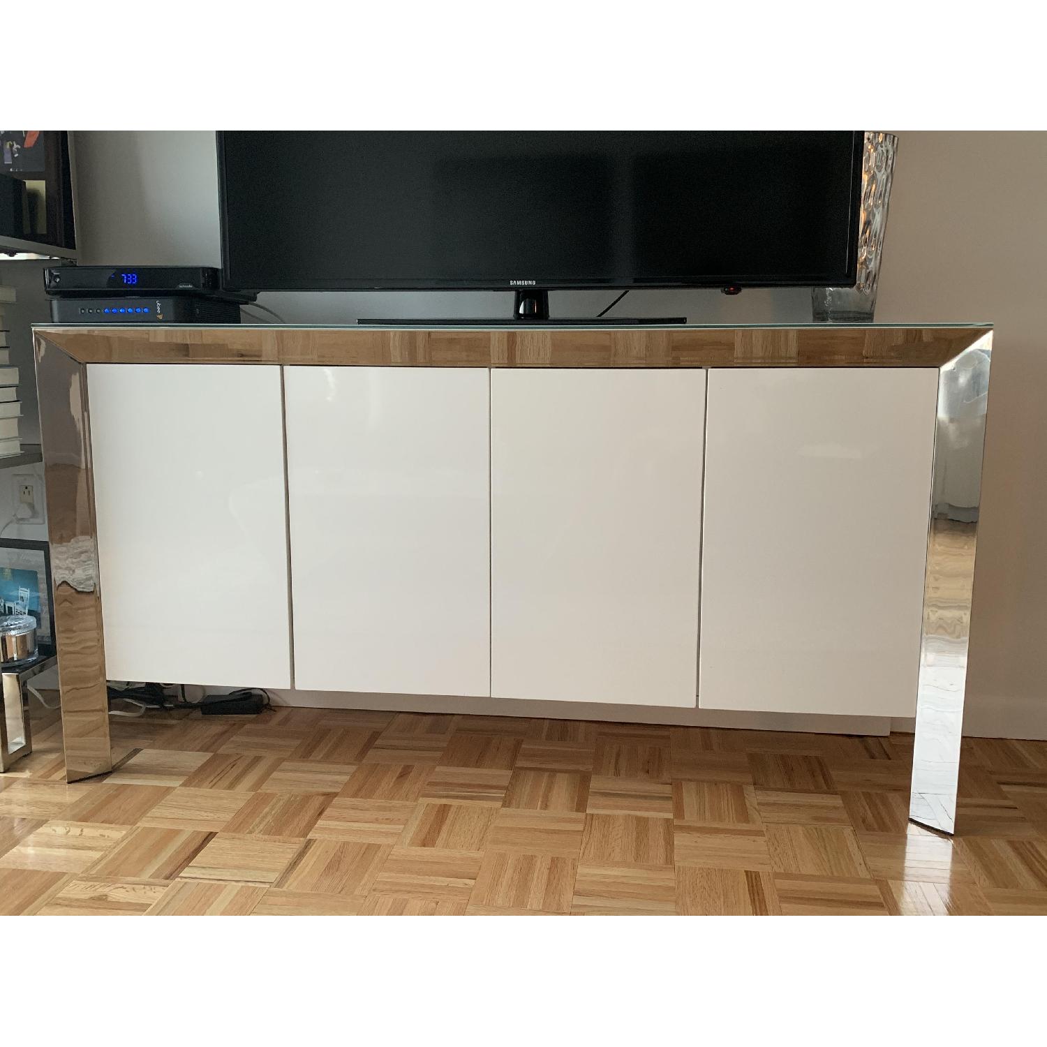 White Lacquer & Chrome Buffet w/ Glass Top - image-1